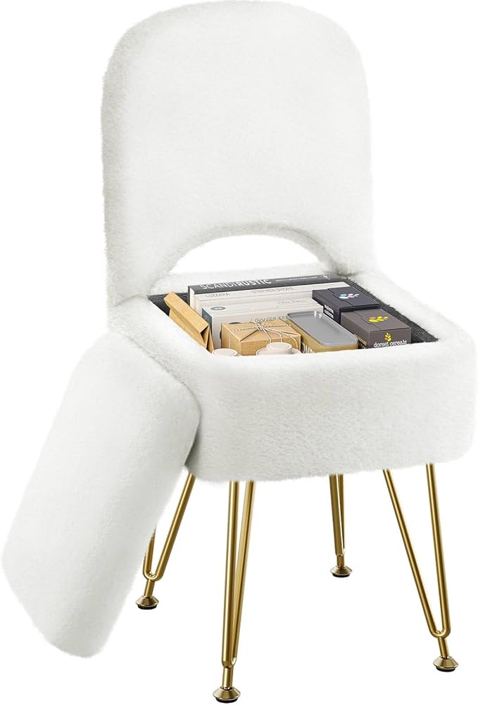 Small Vanity Stool Chair with Storage and Folding Back