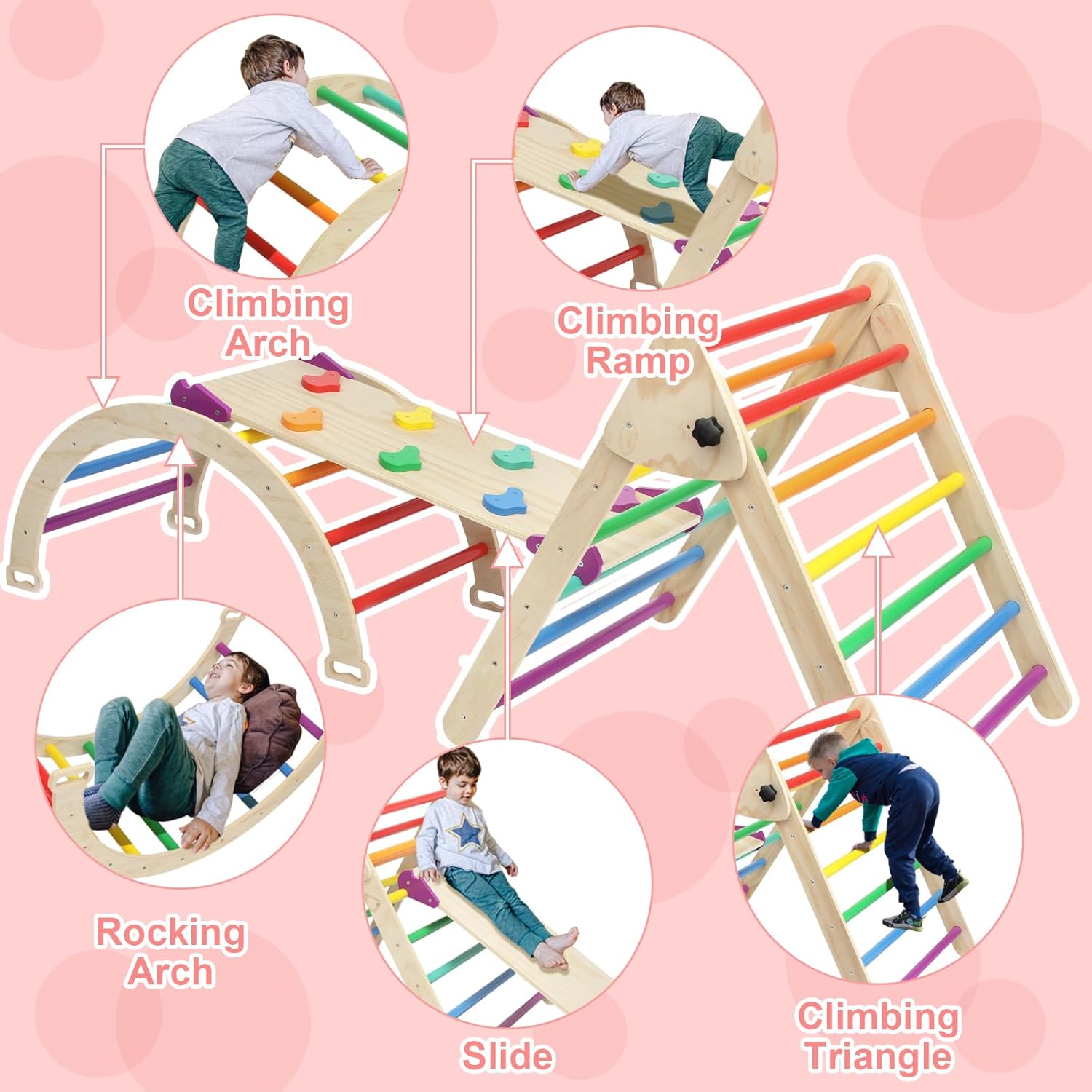 5 in 1 Pikler Triangle Set, Indoor Playground and Gym for Kids, Foldable Wooden Montessori Climbing Set
