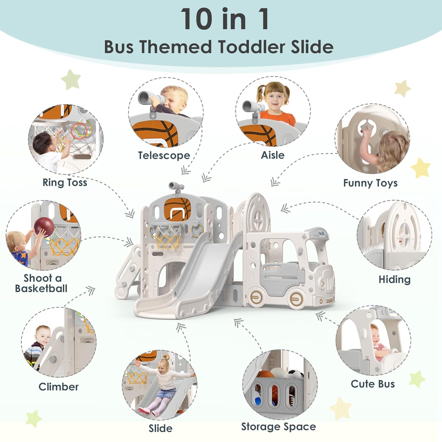 10 in 1 Toddler Slide - Kid Slide for Toddlers Age 1-3 with Ring Toss and Bus Play House, Indoor Outdoor Playset Playground Beige Gray