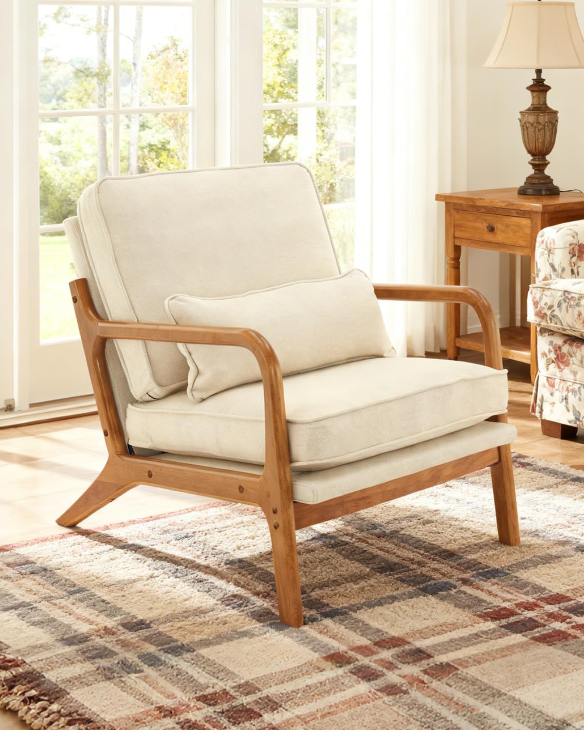 Mid-Century Modern Chair with Pillow Linen Fabric Upholstered Lounge Arm Chair with Solid Wood Frame & Soft Cushion for Living Room, Bedroom, Balcony, Green