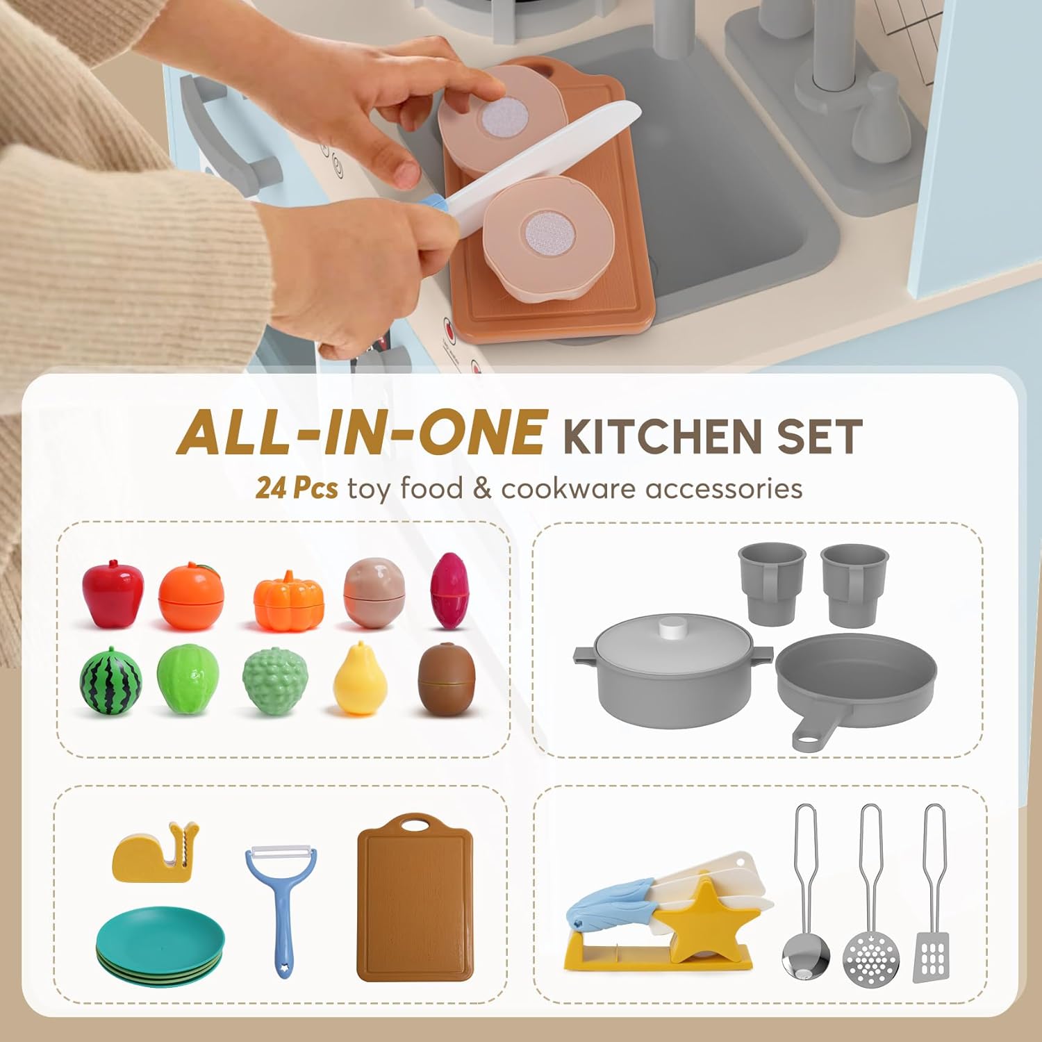 Play Kitchen with Realistic Lights & Sounds, Wooden Kitchen Playset Chef Pretend Play Set for Toddlers