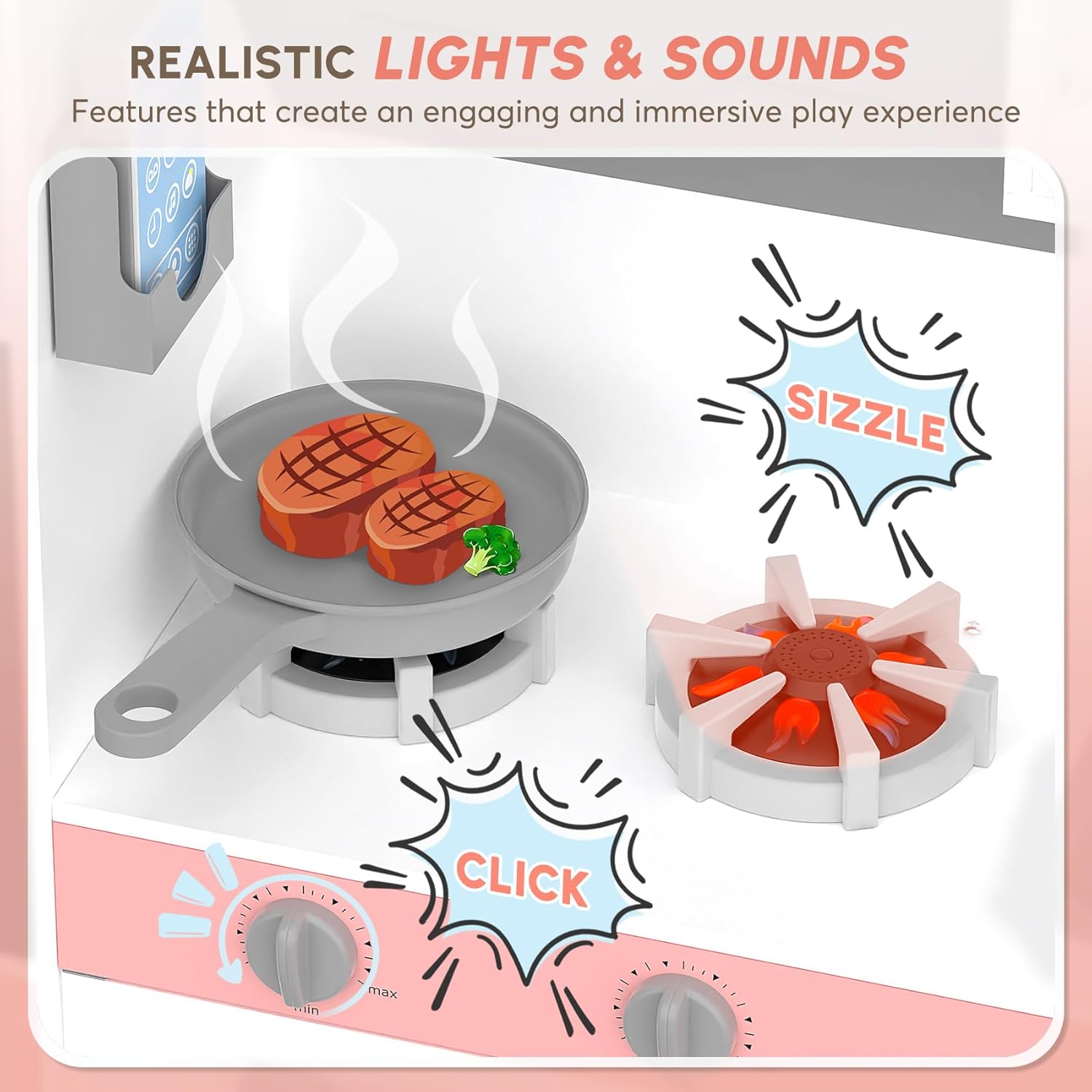 Play Kitchen with Realistic Lights & Sounds, Wooden Kitchen Playset with 28 Pcs Toy Food & Cookware Accessories