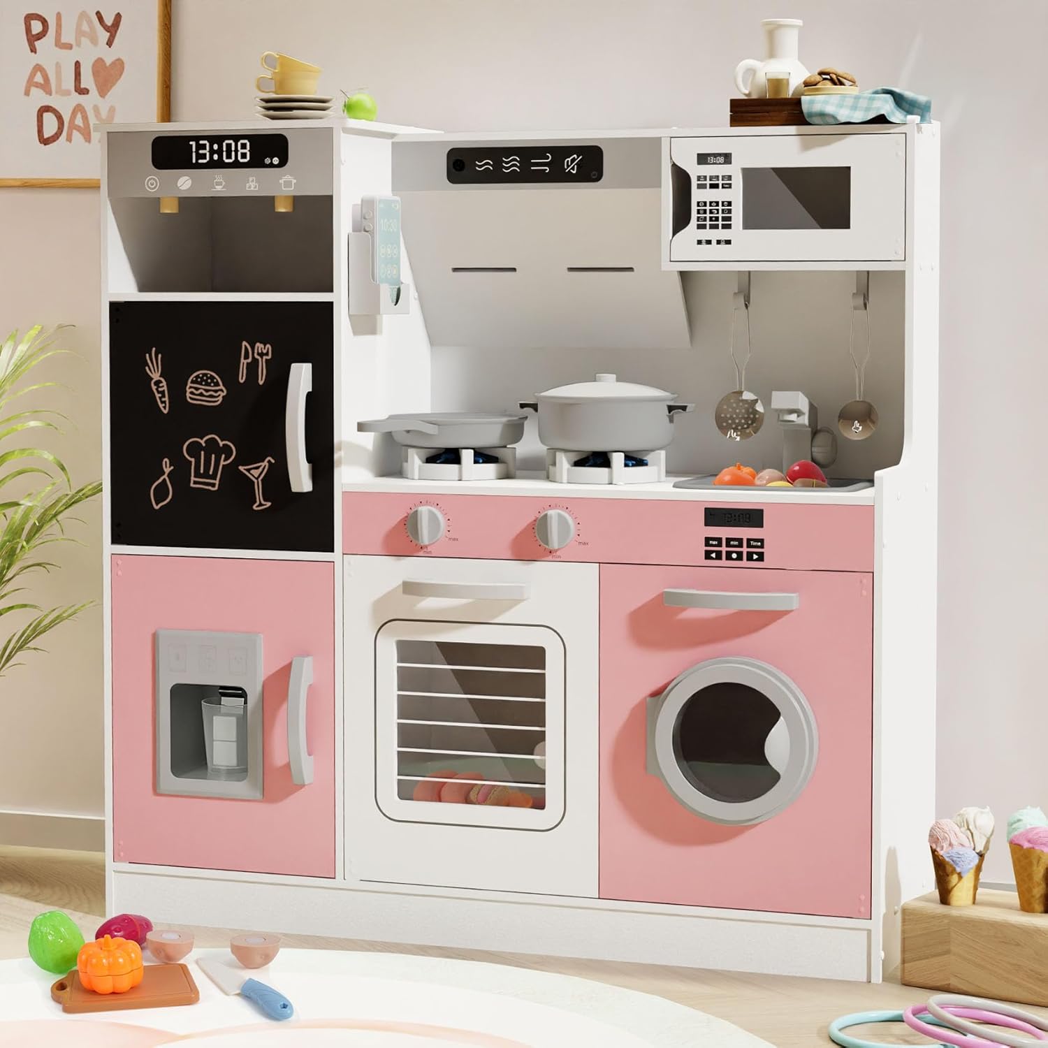Play Kitchen with Realistic Lights & Sounds, Wooden Kitchen Playset with 28 Pcs Toy Food & Cookware Accessories
