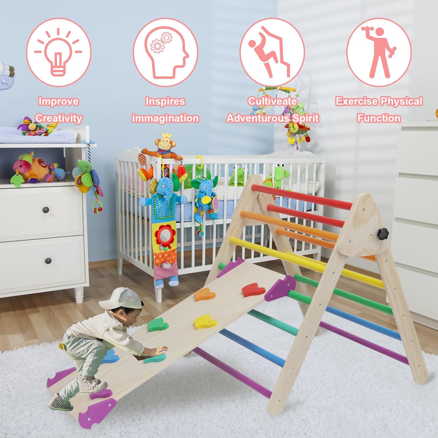 5 in 1 Pikler Triangle Set, Indoor Playground and Gym for Kids, Foldable Wooden Montessori Climbing Set