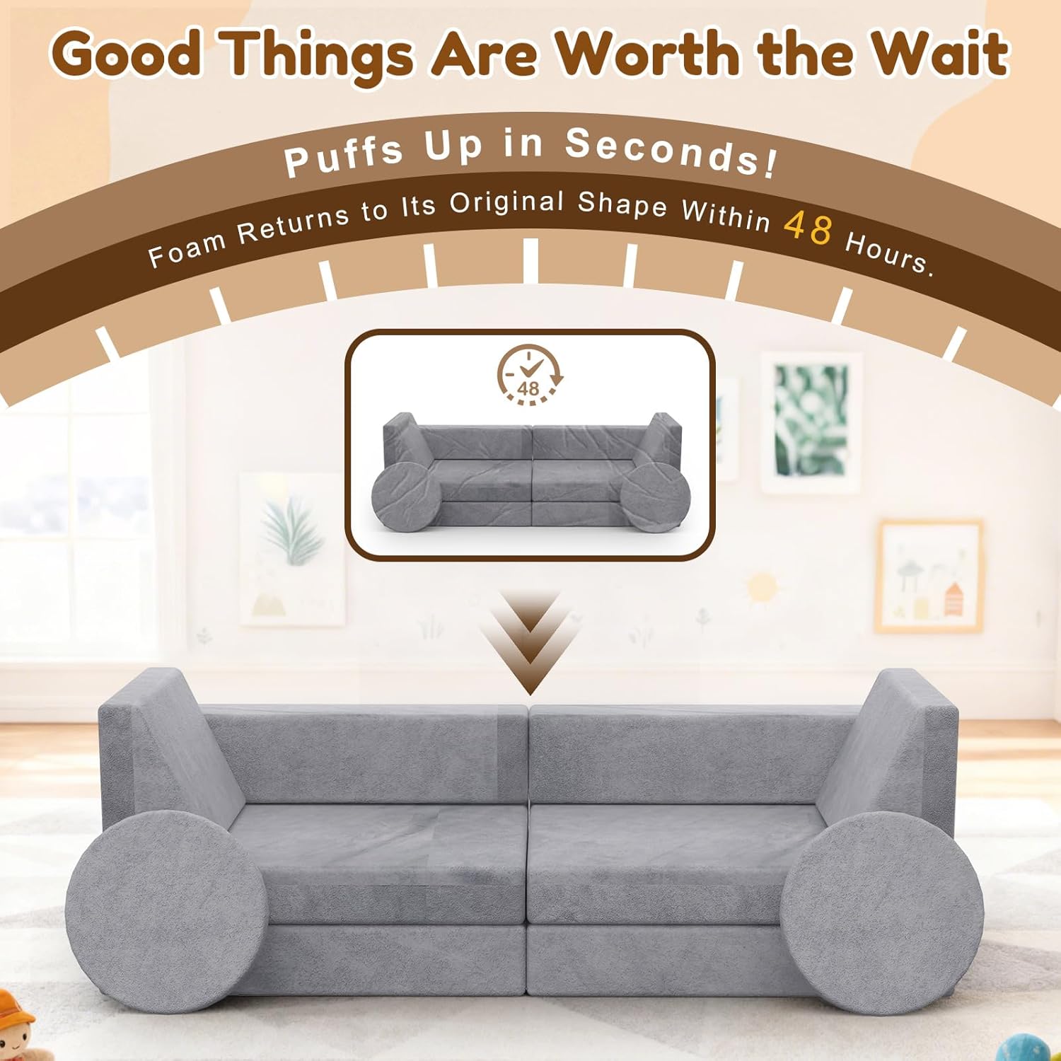 12PCS Modular Kids Play Couch with Blanket, Kids Sofa for Playroom & Indoor, Convertible Toddler Couch for Girls and Boys