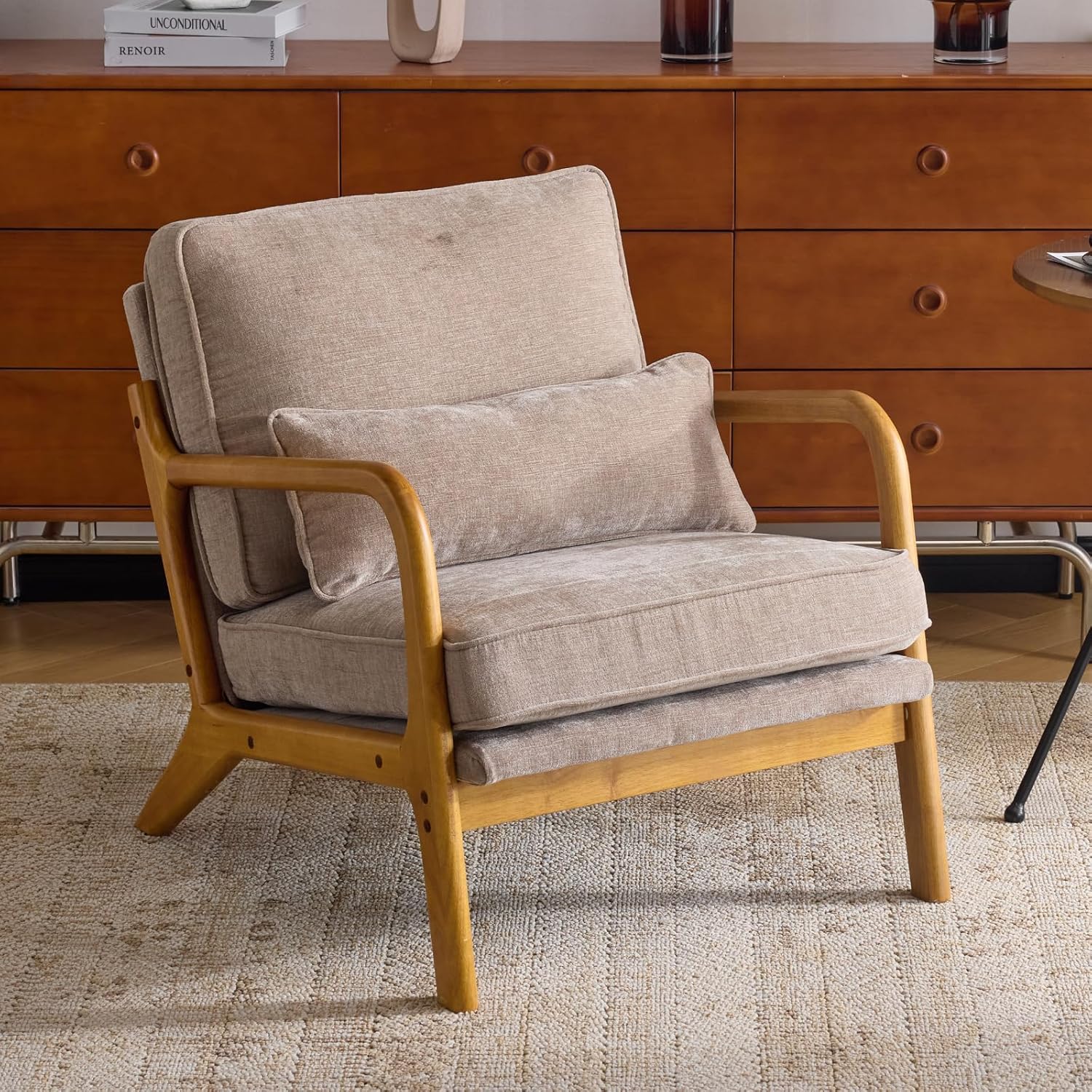 Mid-Century Modern Chair with Pillow Linen Fabric Upholstered Lounge Arm Chair with Solid Wood Frame & Soft Cushion for Living Room, Bedroom, Balcony, Green