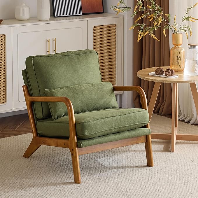 Mid-Century Modern Chair with Pillow Linen Fabric Upholstered Lounge Arm Chair with Solid Wood Frame & Soft Cushion for Living Room, Bedroom, Balcony, Green