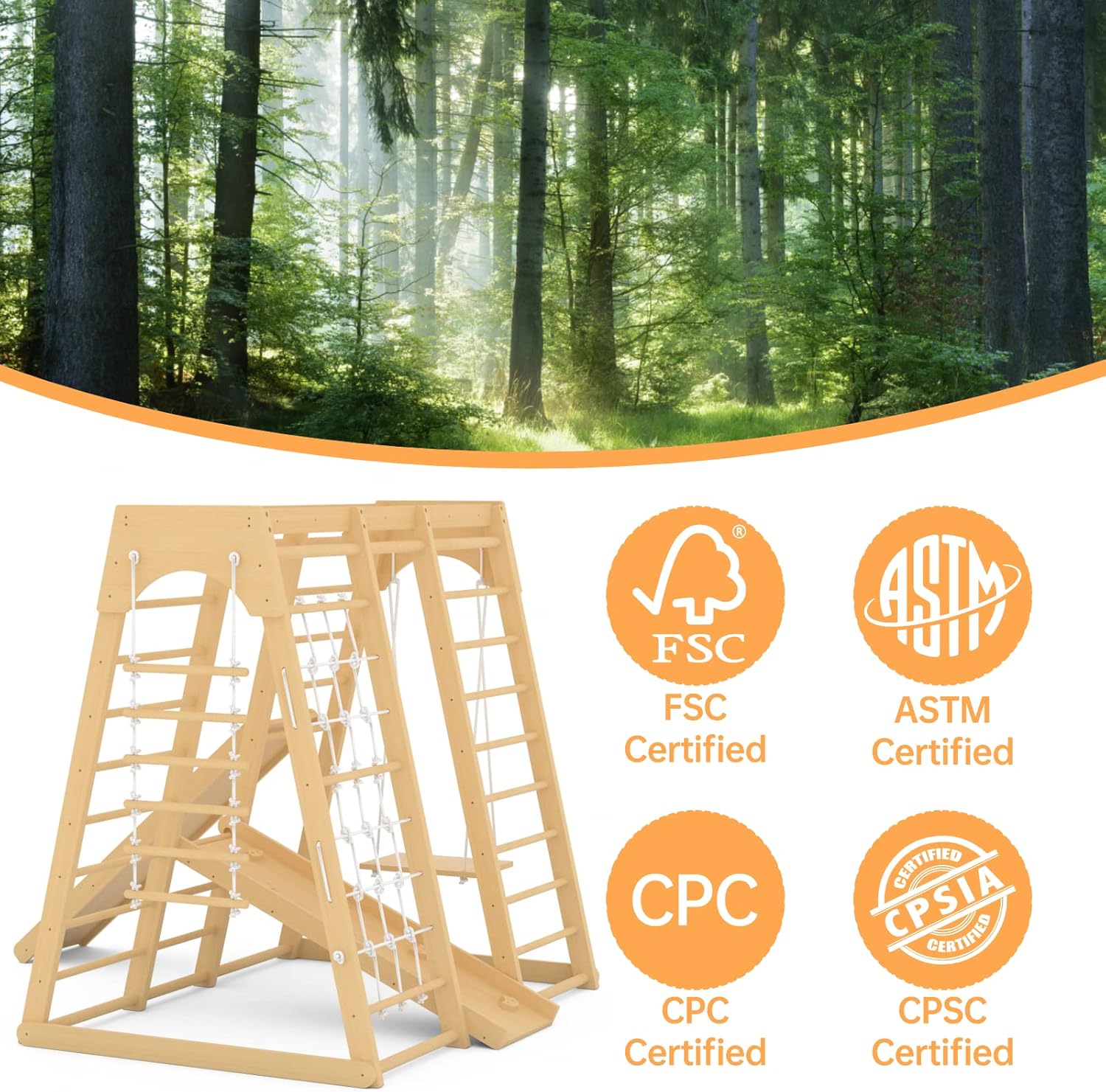 Toddler Jungle Gym, 66" Indoor Playground Set with Swing, Rock Climb Wall, Slide, Monkey Bars, Wood & Rope Ladder