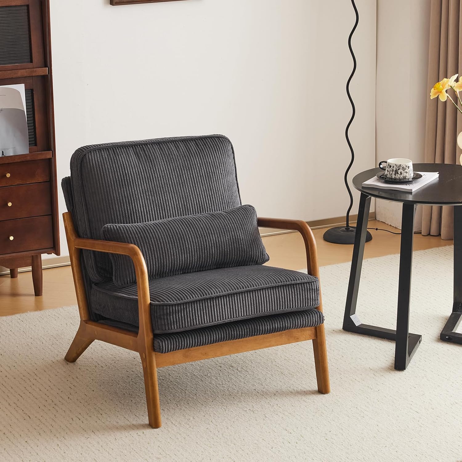 Mid-Century Modern Chair with Pillow Linen Fabric Upholstered Lounge Arm Chair with Solid Wood Frame & Soft Cushion for Living Room, Bedroom, Balcony, Green