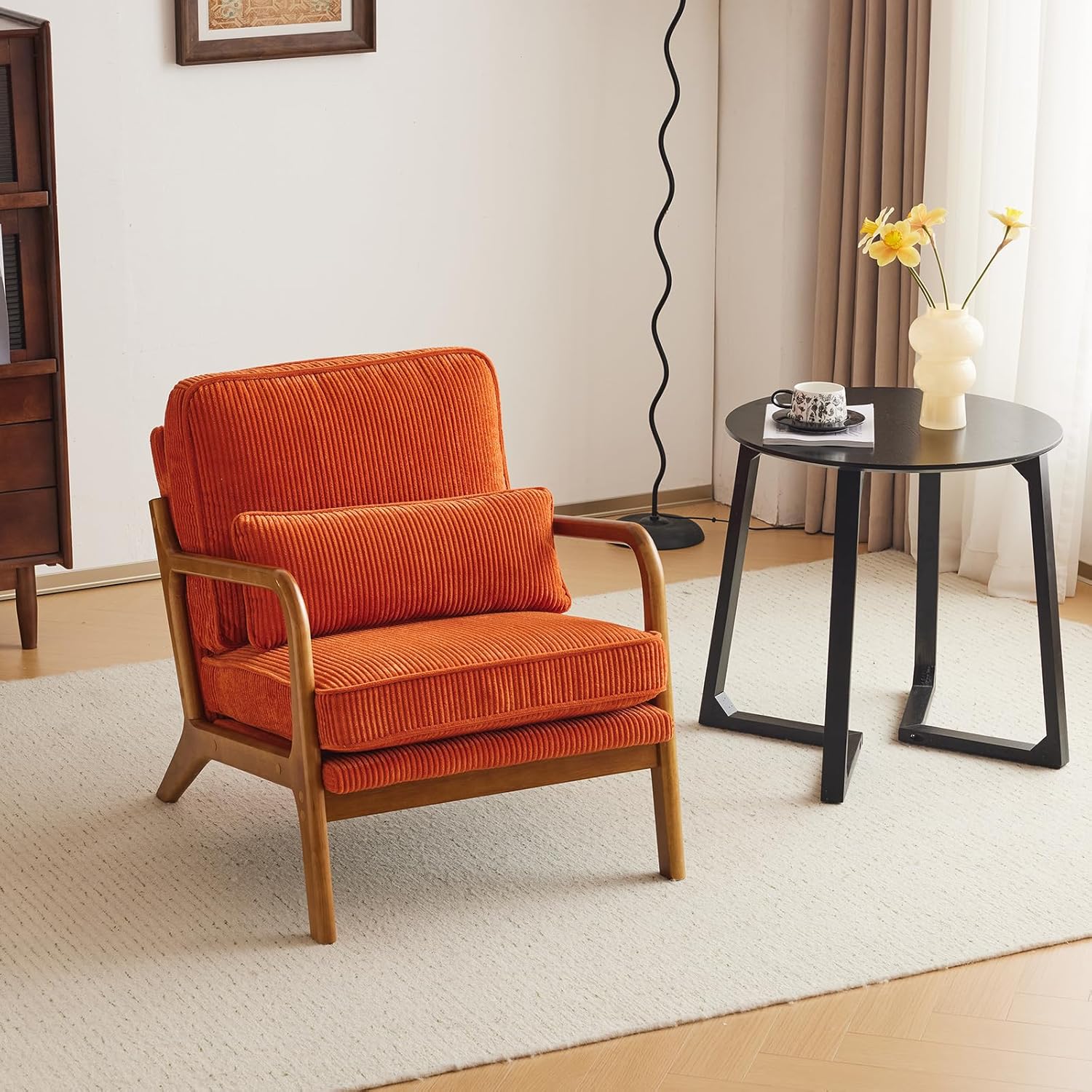 Mid-Century Modern Chair with Pillow Linen Fabric Upholstered Lounge Arm Chair with Solid Wood Frame & Soft Cushion for Living Room, Bedroom, Balcony, Green