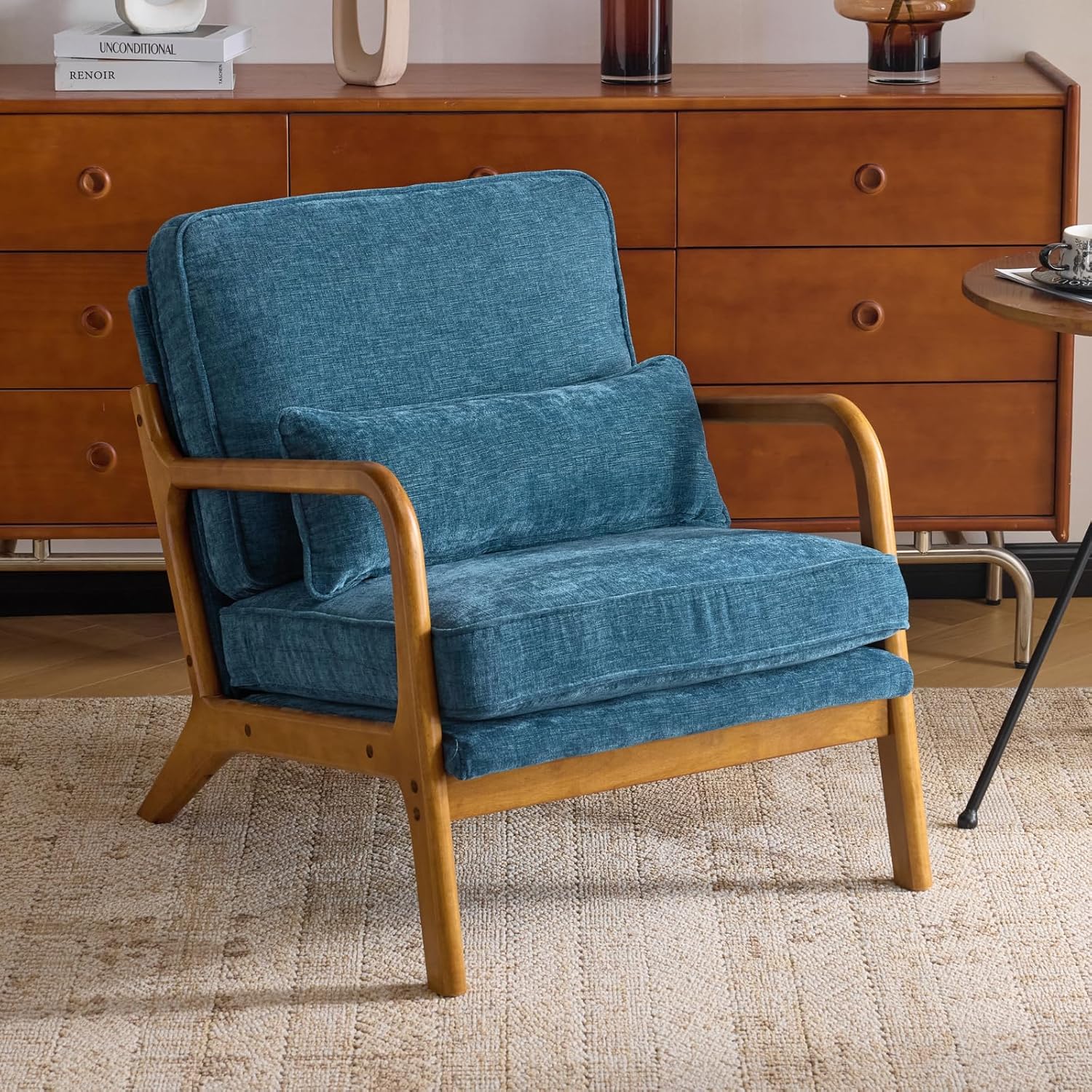 Mid-Century Modern Chair with Pillow Linen Fabric Upholstered Lounge Arm Chair with Solid Wood Frame & Soft Cushion for Living Room, Bedroom, Balcony, Green