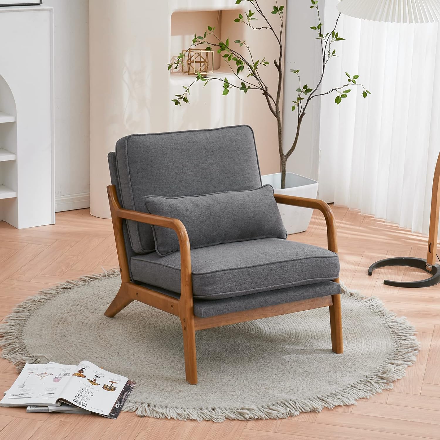 Mid-Century Modern Chair with Pillow Linen Fabric Upholstered Lounge Arm Chair with Solid Wood Frame & Soft Cushion for Living Room, Bedroom, Balcony, Green