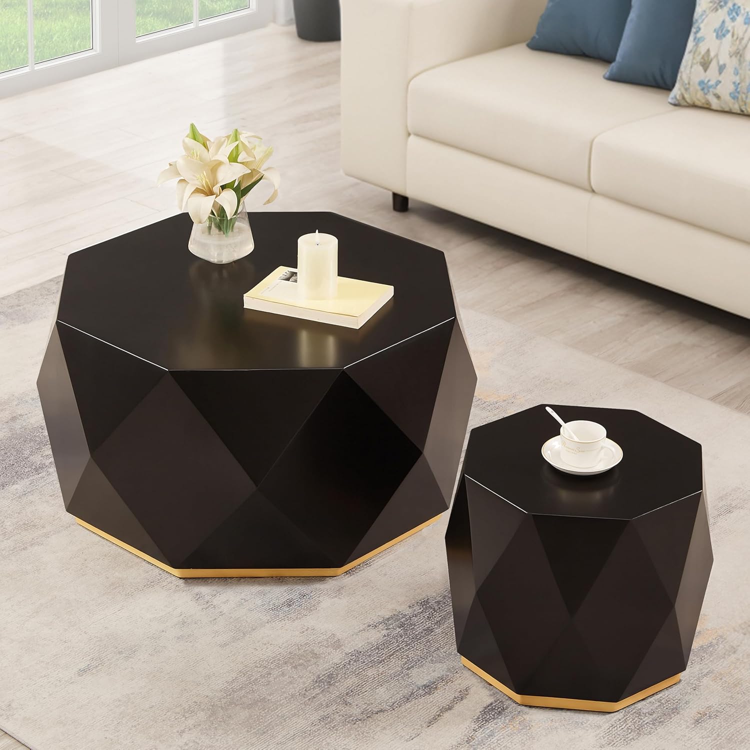 32" Black Wood Diamond-Shaped Coffee Table Set for Living Room