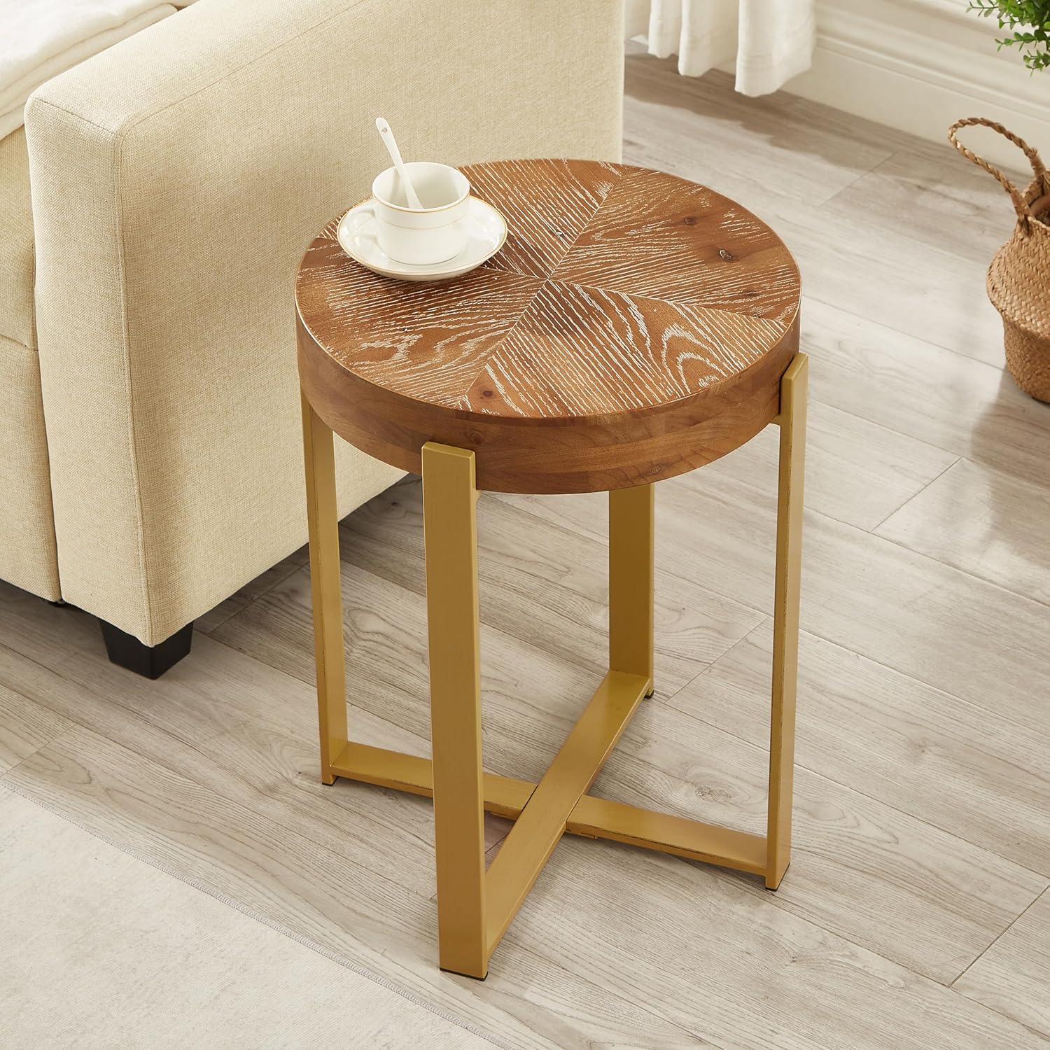Round Wood End Tables with Metal Leg