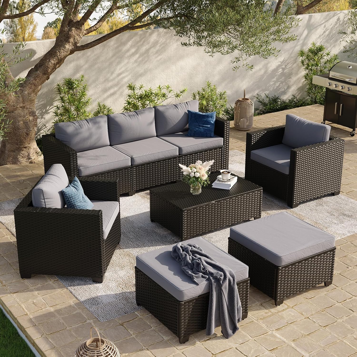 8 Piece Outdoor Patio Furniture Set 7 Seats, Outdoor Sectional with Thick Waterproof Cushions & Storage Coffee Table