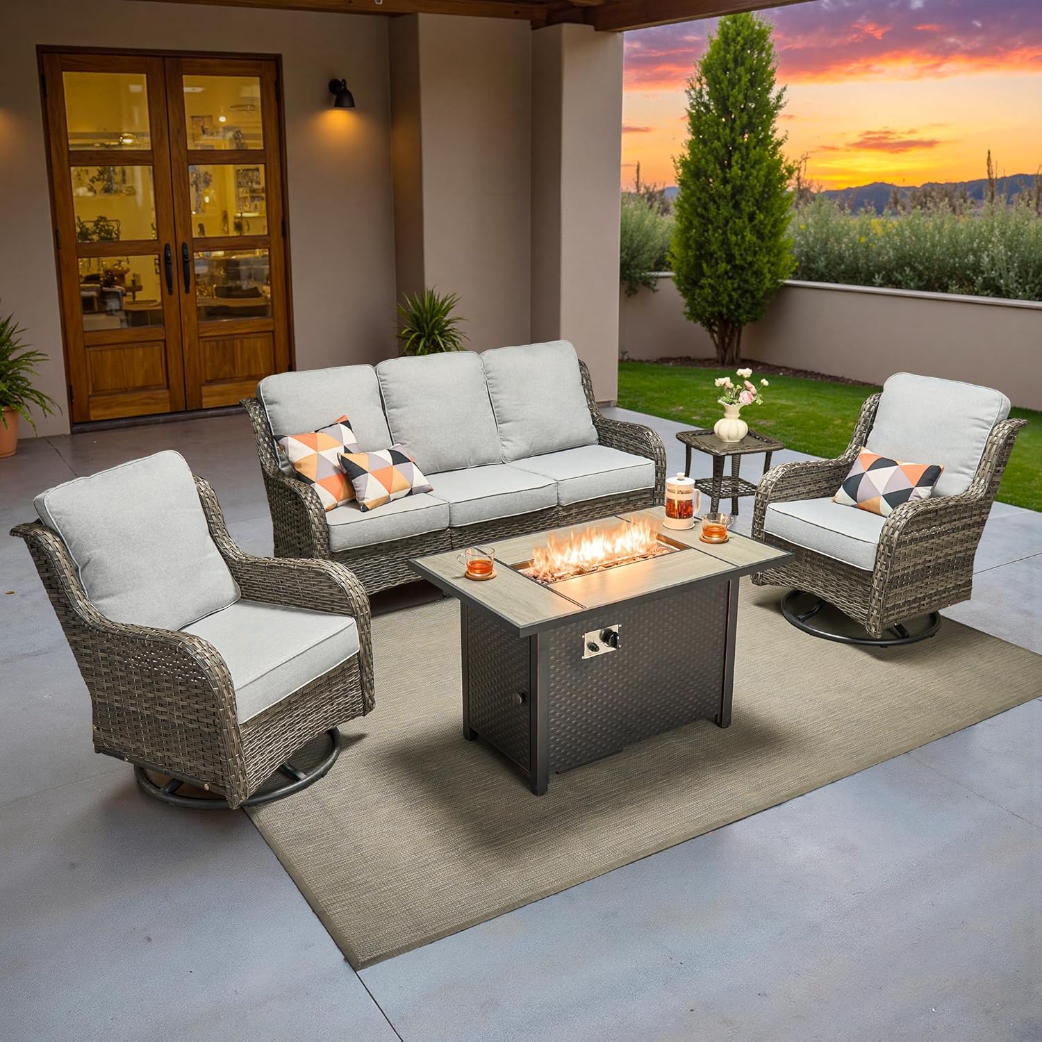 5-Piece Patio Furniture Set with Swivel Chairs Coffee Table, Outdoor Wicker Sofa with 42" Fire Pit Table, High Back Couch Modern Conversation Sets, Grey/Denim Blue