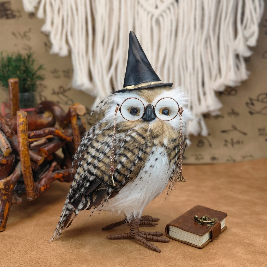 Handmade Realistic Magic Owl Plush | 9-Inch Eco-Friendly Faux Rabbit Fur Filling | Desktop Ornament & Themed Collectible Gift