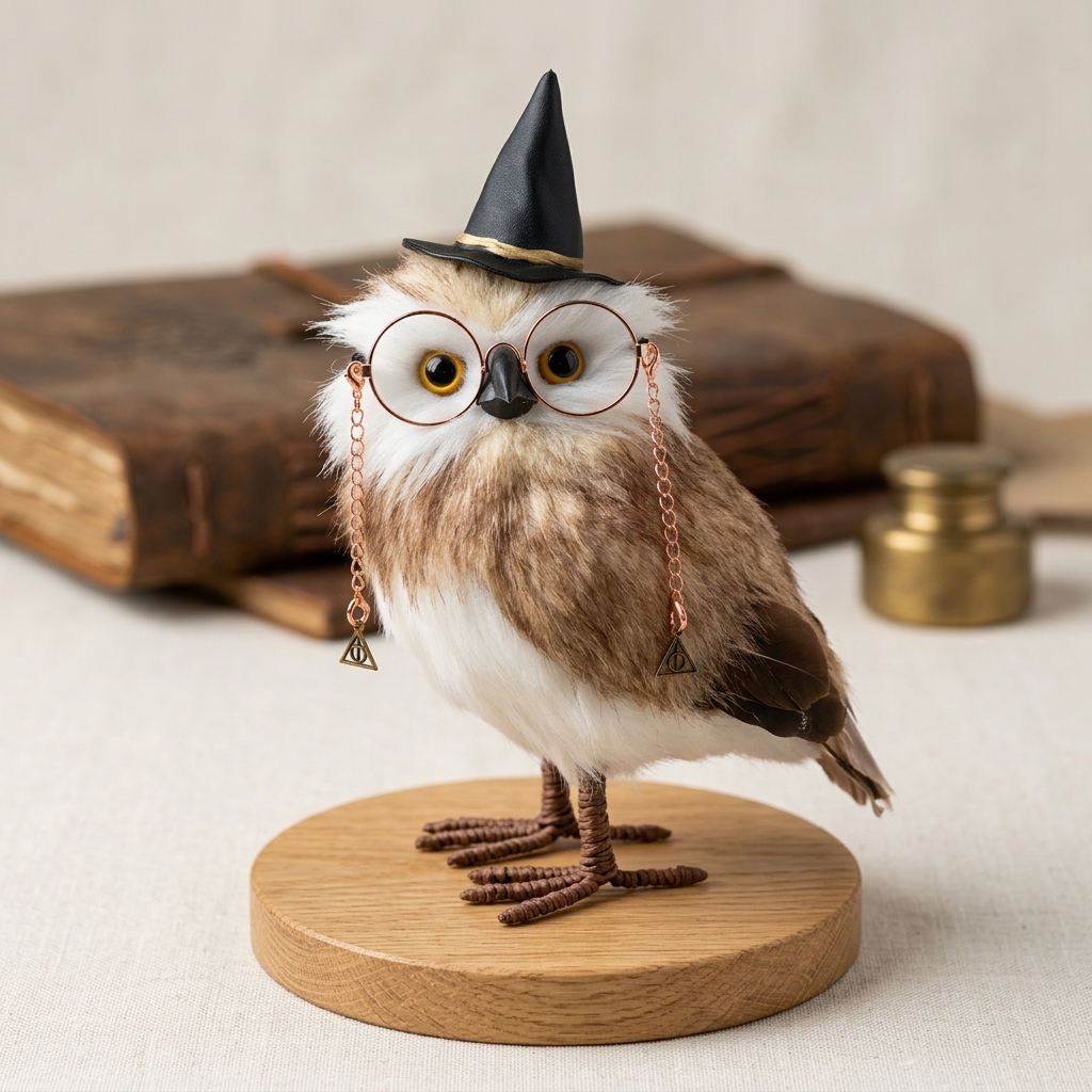 Handmade Realistic Magic Owl Plush | 9-Inch Eco-Friendly Faux Rabbit Fur Filling | Desktop Ornament & Themed Collectible Gift