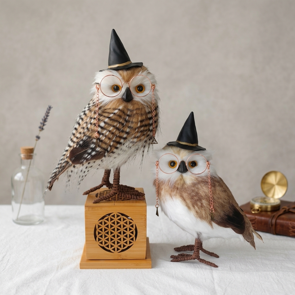 Handmade Realistic Magic Owl Plush | 9-Inch Eco-Friendly Faux Rabbit Fur Filling | Desktop Ornament & Themed Collectible Gift