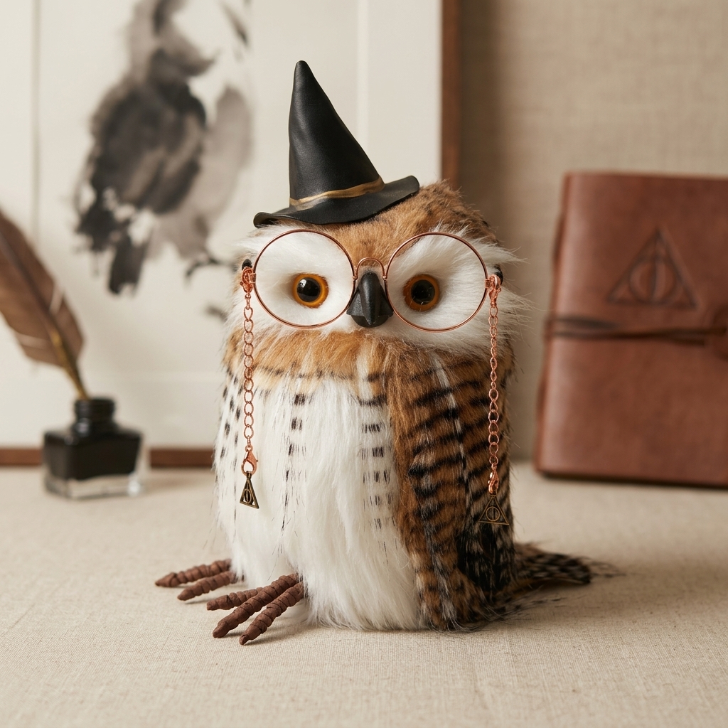 Handmade Realistic Magic Owl Plush | 9-Inch Eco-Friendly Faux Rabbit Fur Filling | Desktop Ornament & Themed Collectible Gift