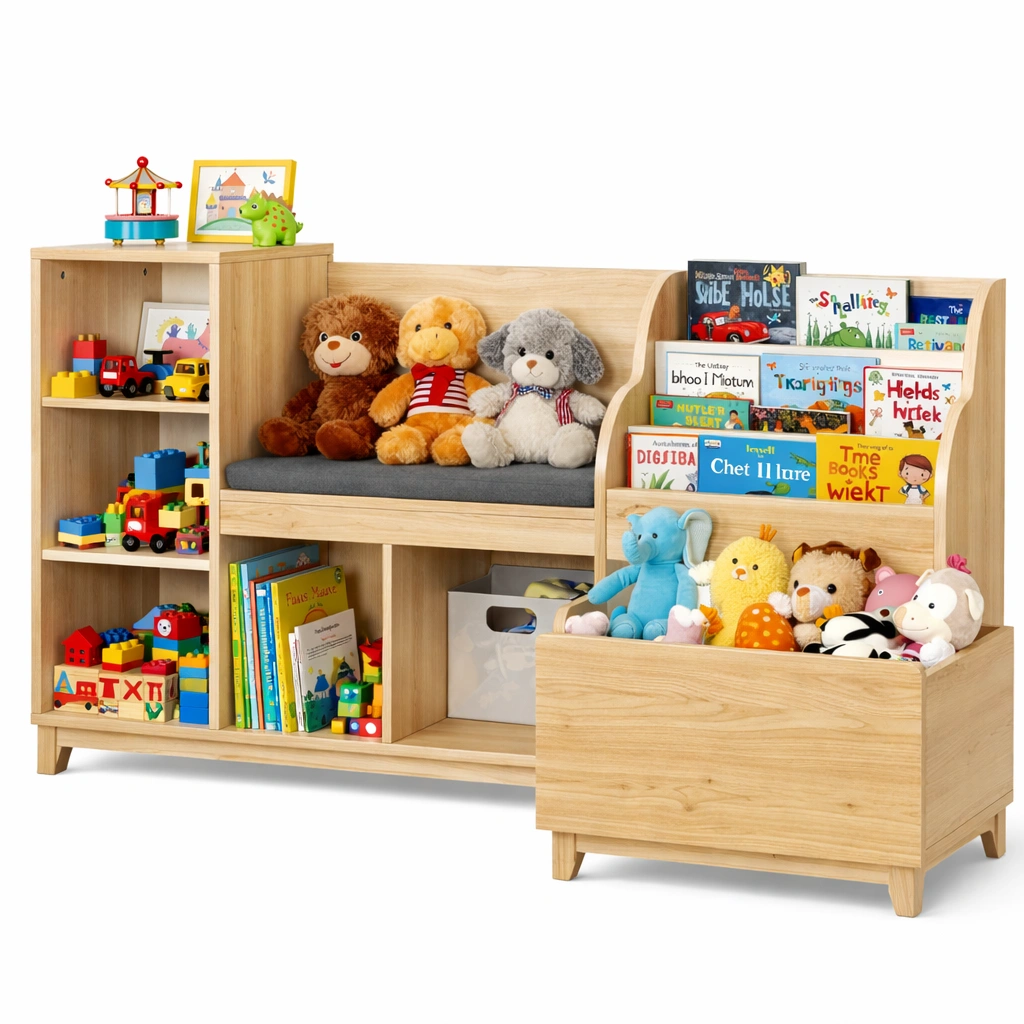 Meuble enfants banc rangement etagere livres jouets-Norvoro