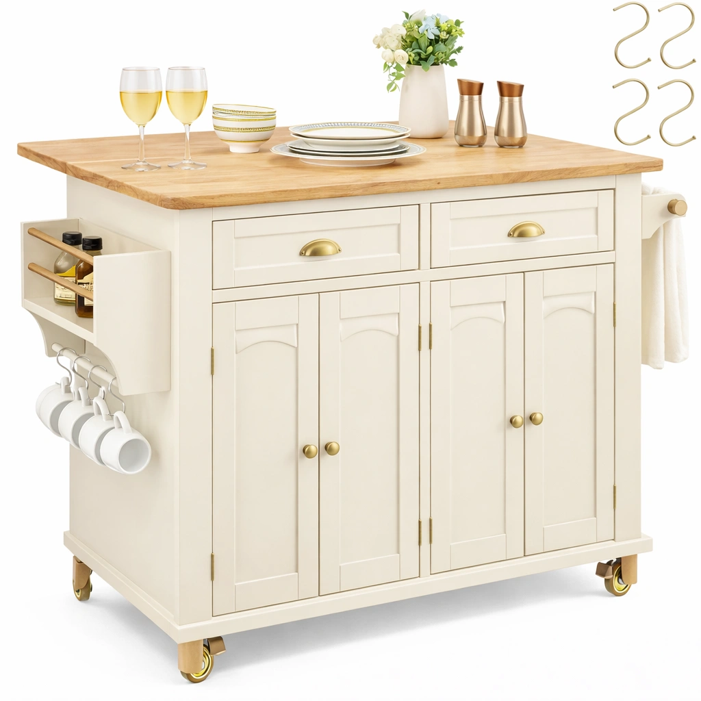 Ilot cuisine bois blanc plan travail roulettes-Norvoro