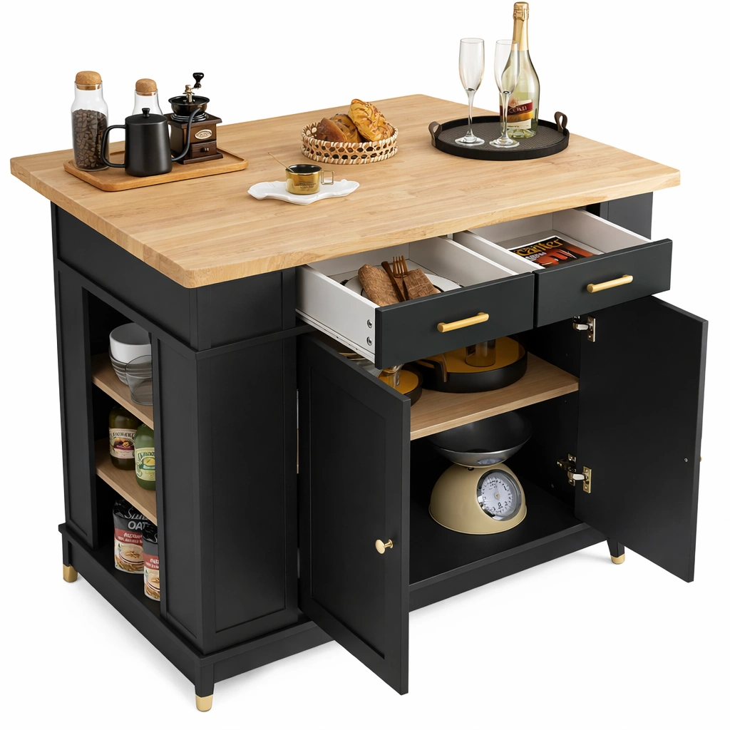 Ilot cuisine bois noir plateau naturel tiroirs-Norvoro