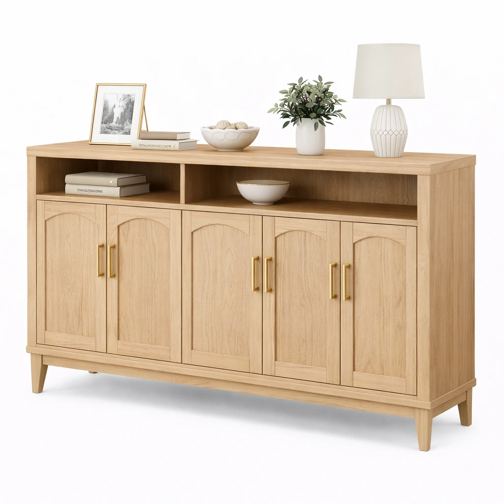 Buffet bas bois clair portes multiples rangement-Norvoro