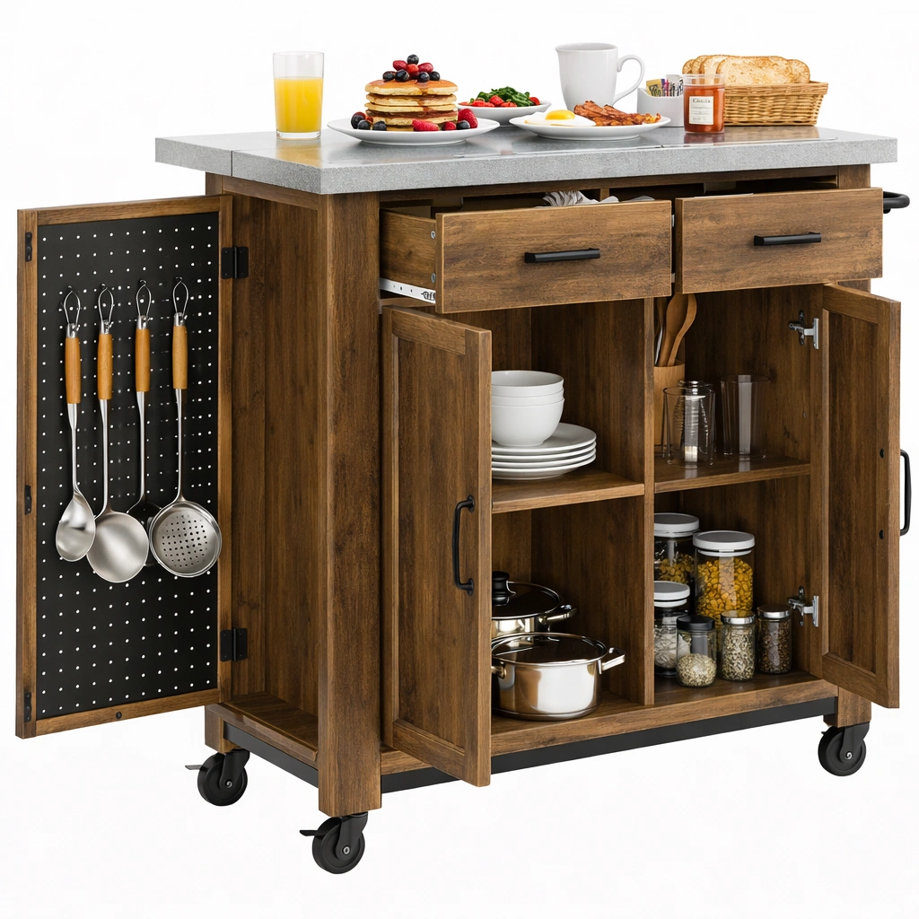 Ilot cuisine bois brun rangement crochets roulettes-Norvoro