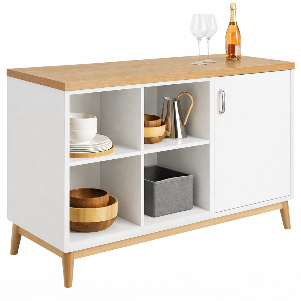 Buffet cuisine blanc et bois etageres ouvertes rangement-Norvoro
