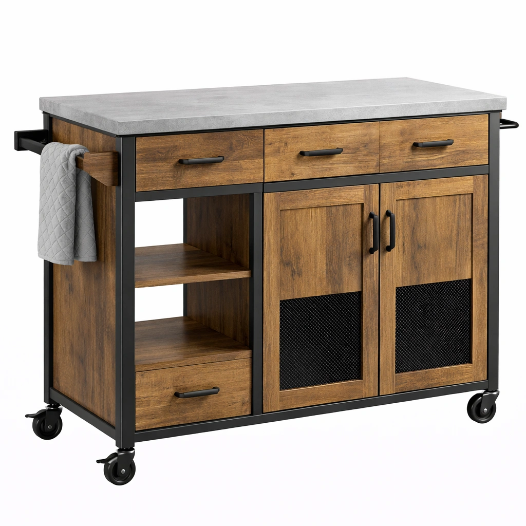 Ilot cuisine industriel bois roulettes tiroirs rangement-Norvoro