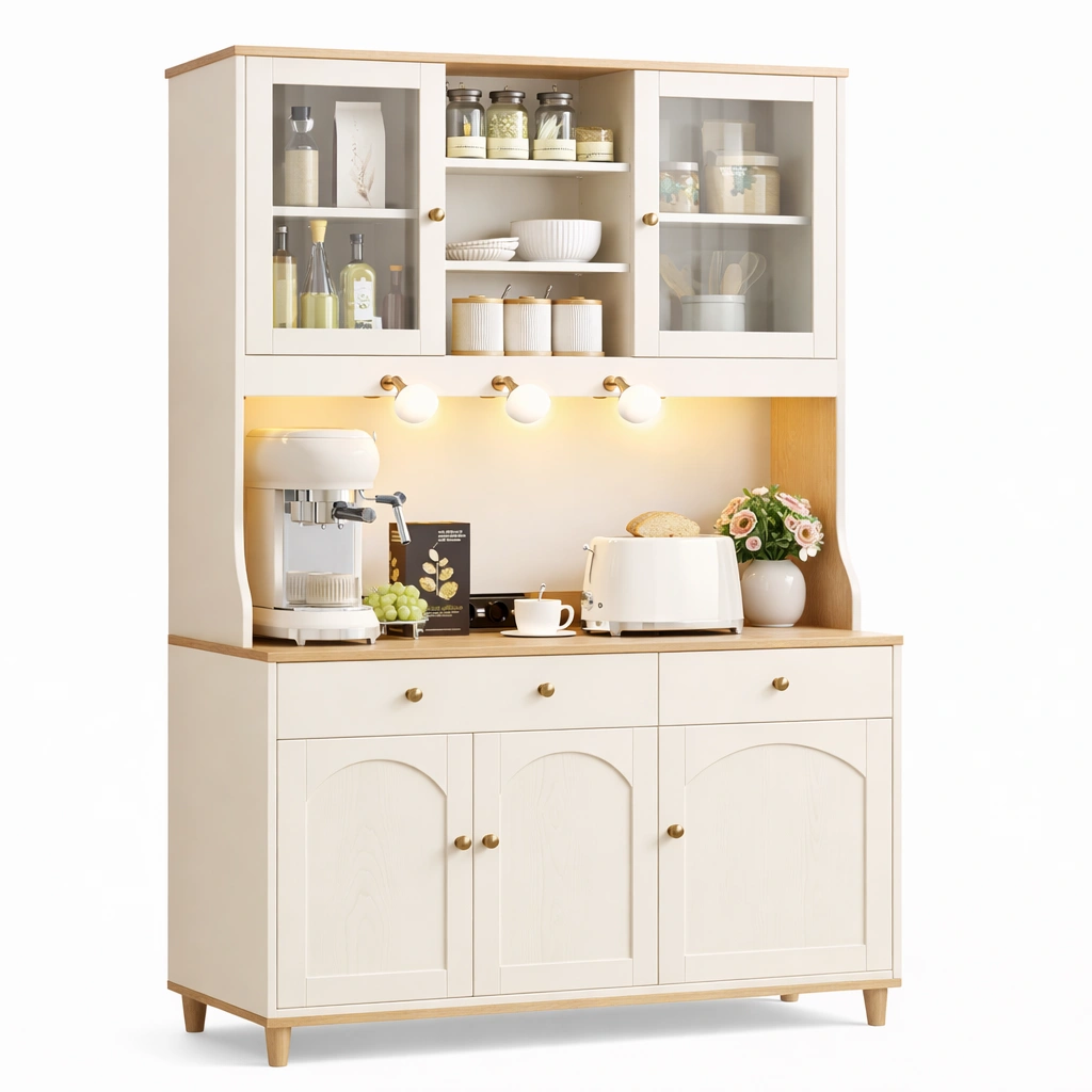Buffet cuisine vitrine bois blanc eclairage rangement-Norvoro