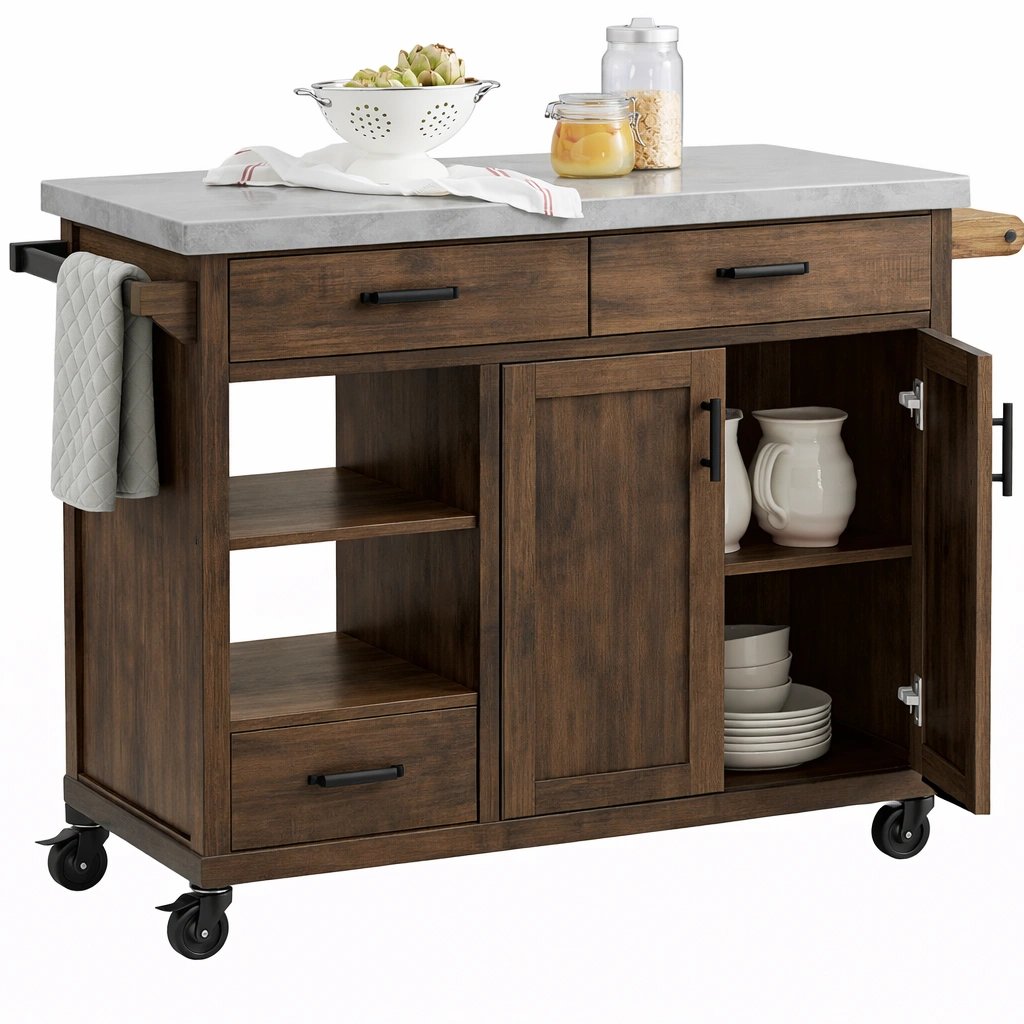 Ilot cuisine bois roulettes tiroirs placards rangement-Norvoro