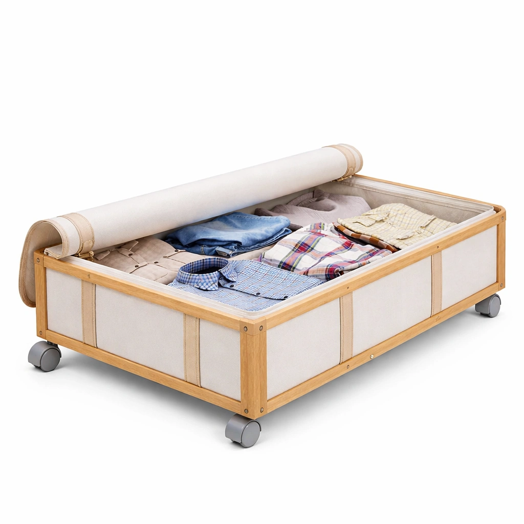 Boite rangement sous lit roulettes tissu bois-Norvoro