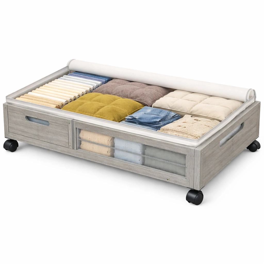 Boite rangement sous lit tiroir bois roulettes-Norvoro