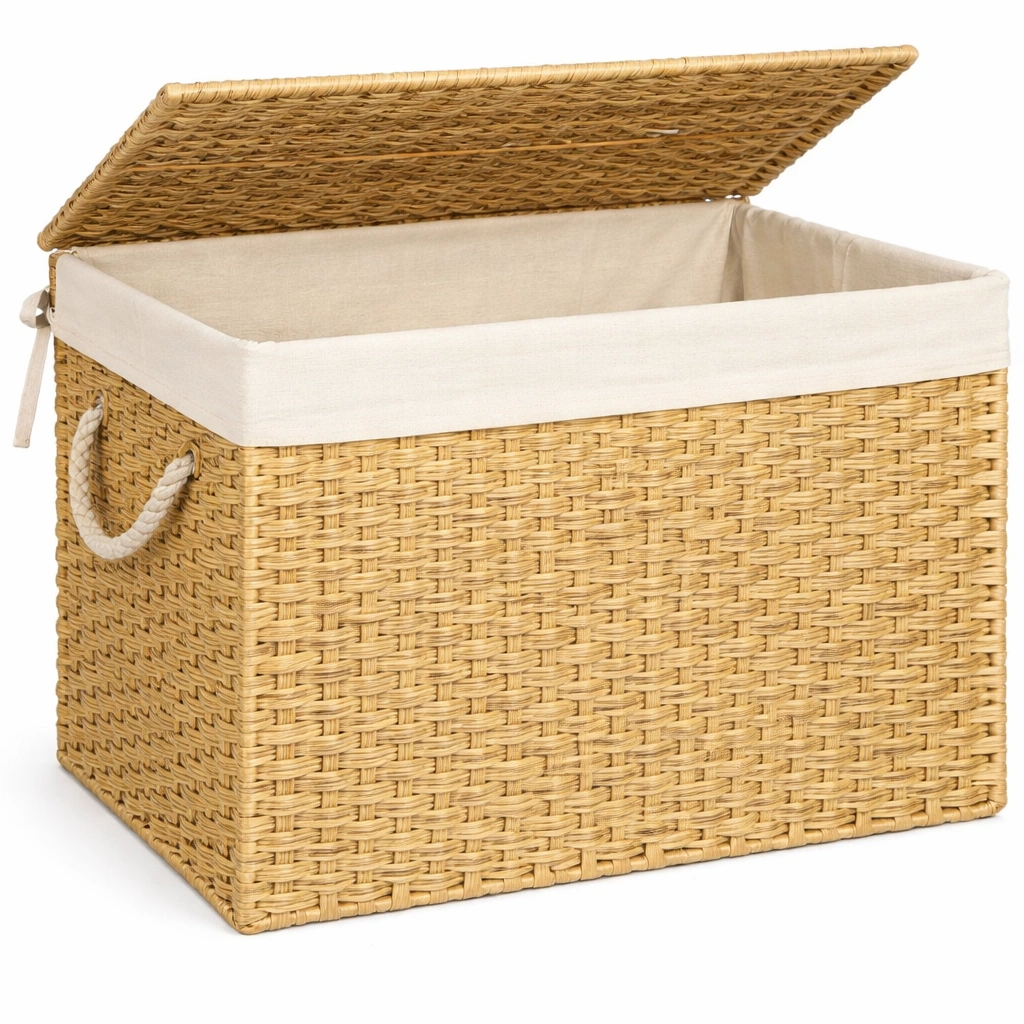 Coffre rangement rotin naturel couvercle tissu interieur-Norvoro
