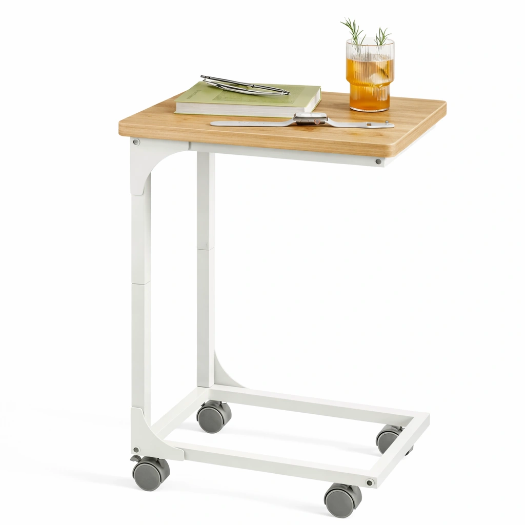 Table appoint bois blanc roulettes mobile compact-Norvoro