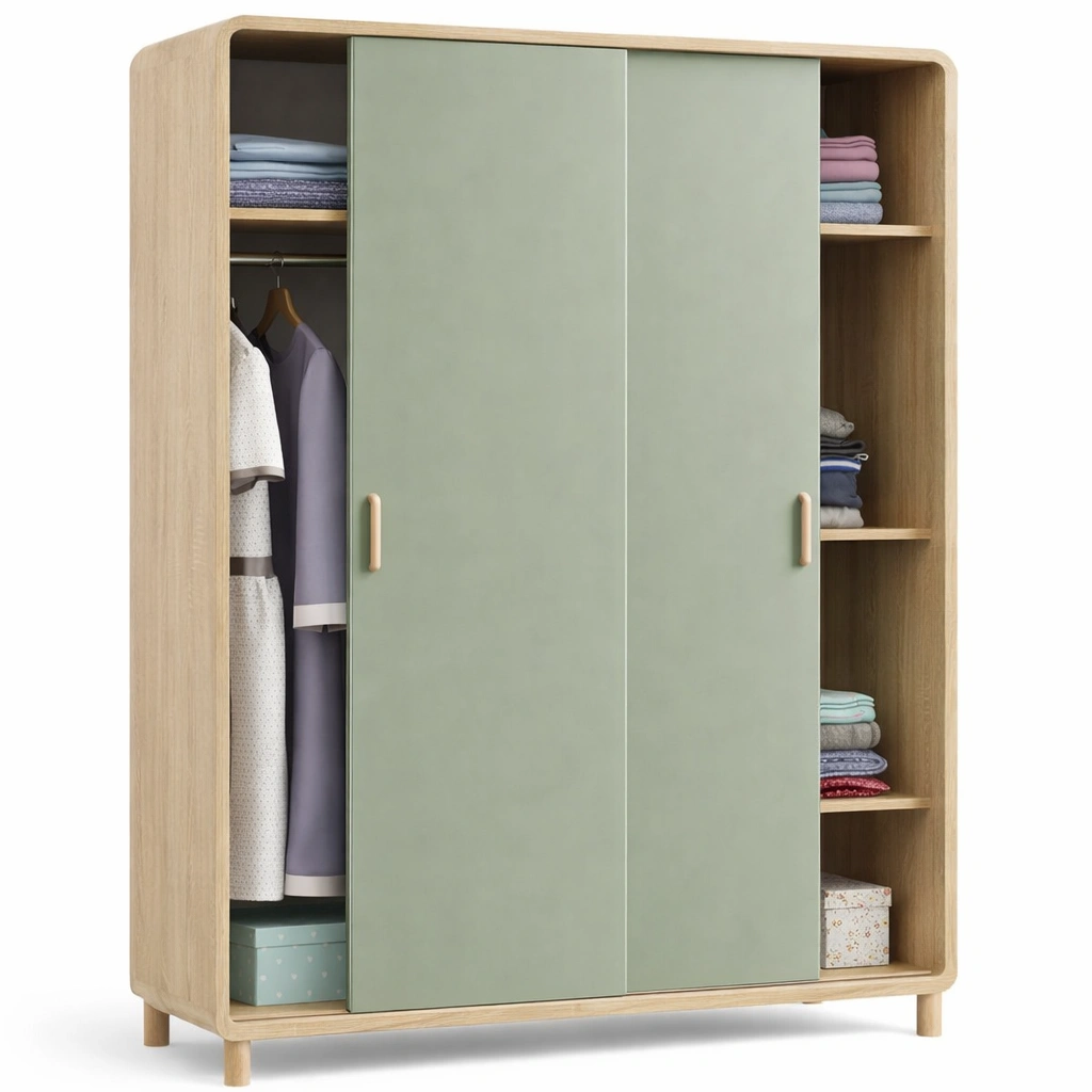 Armoire chambre bois vert portes etageres rangement-Norvoro