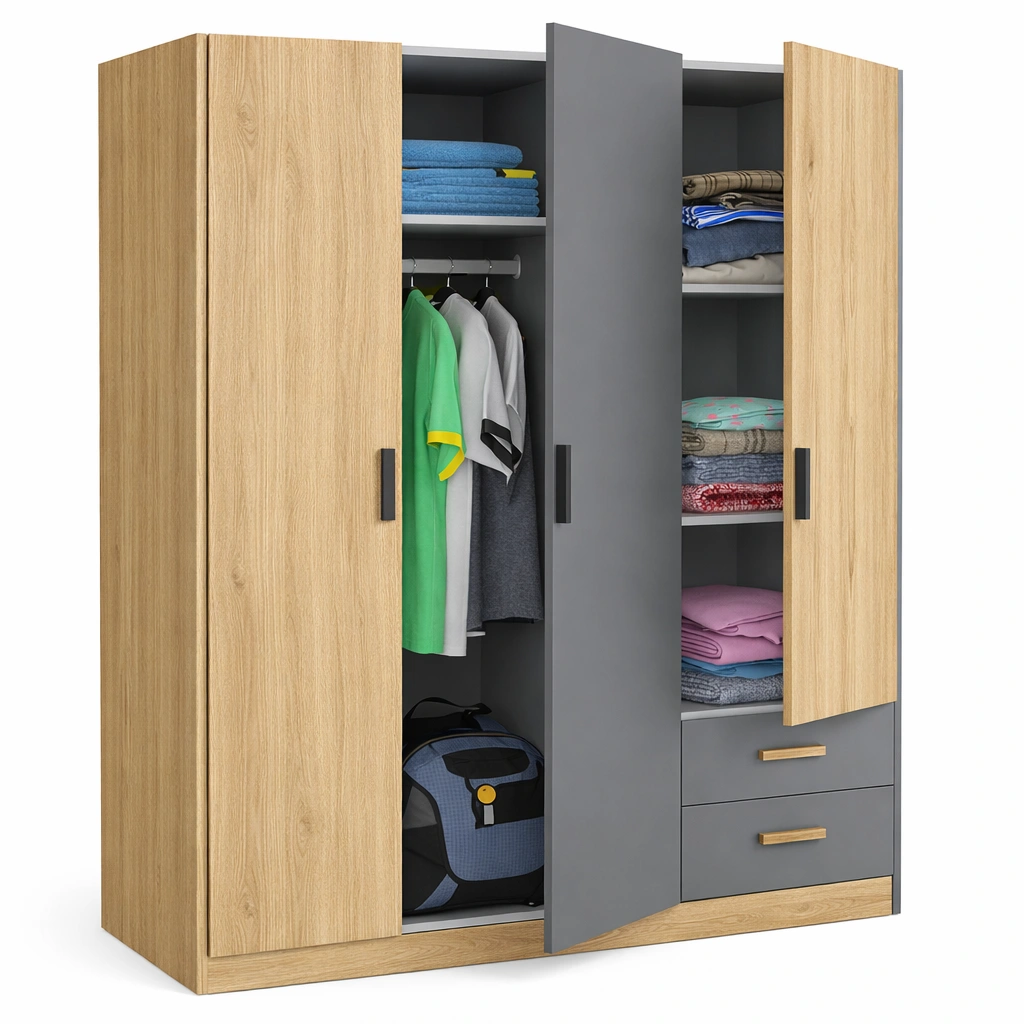 Armoire chambre bois gris portes tiroirs rangement-Norvoro