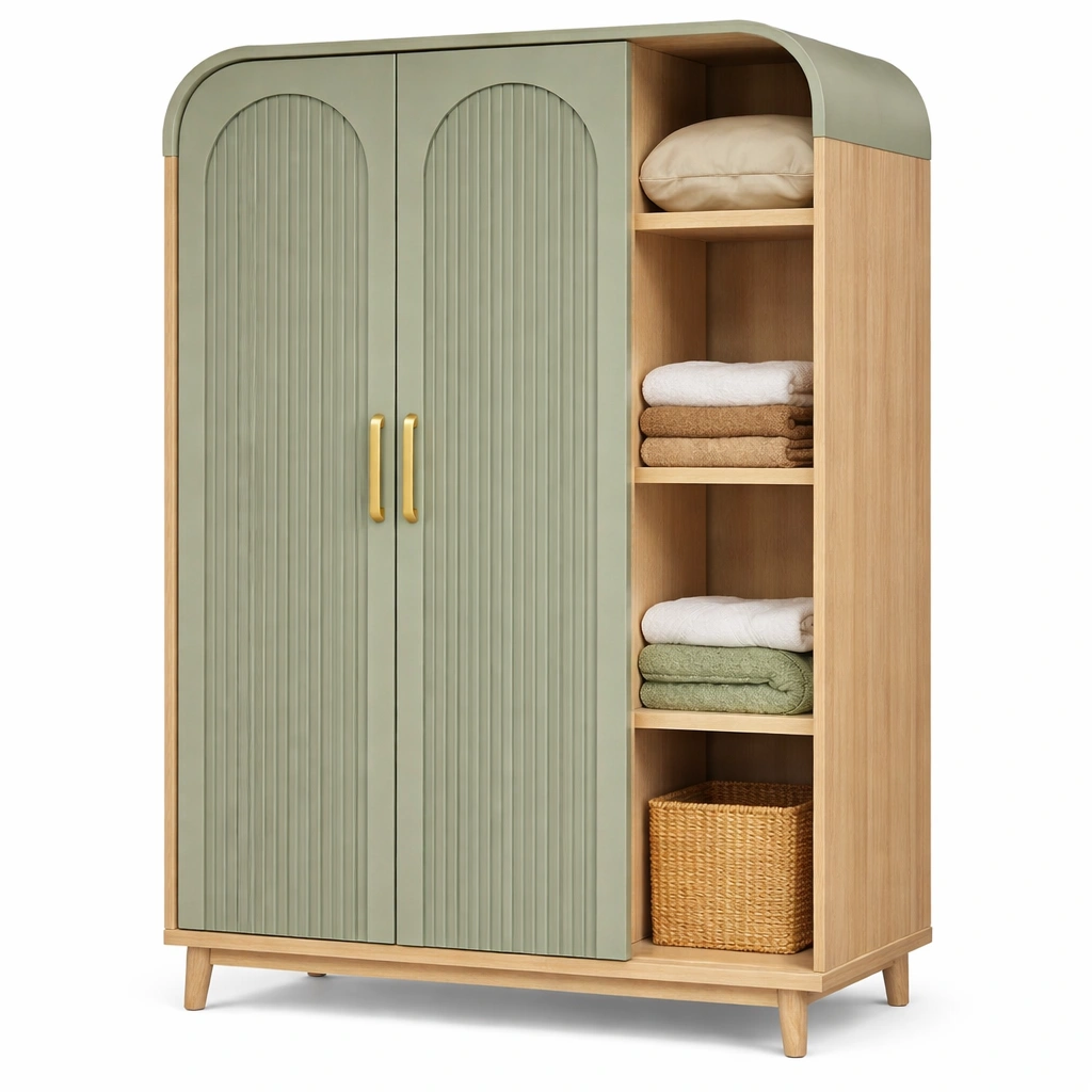 Armoire chambre bois vert portes panneaux relief rangement-Norvoro