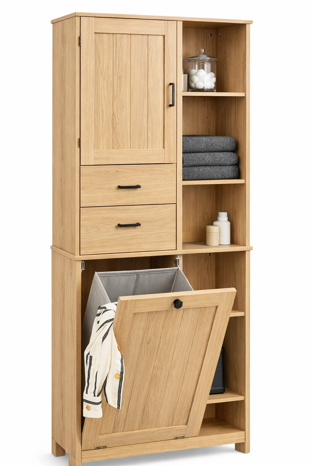 Armoire salle bain bois colonne panier linge rangement-Norvoro