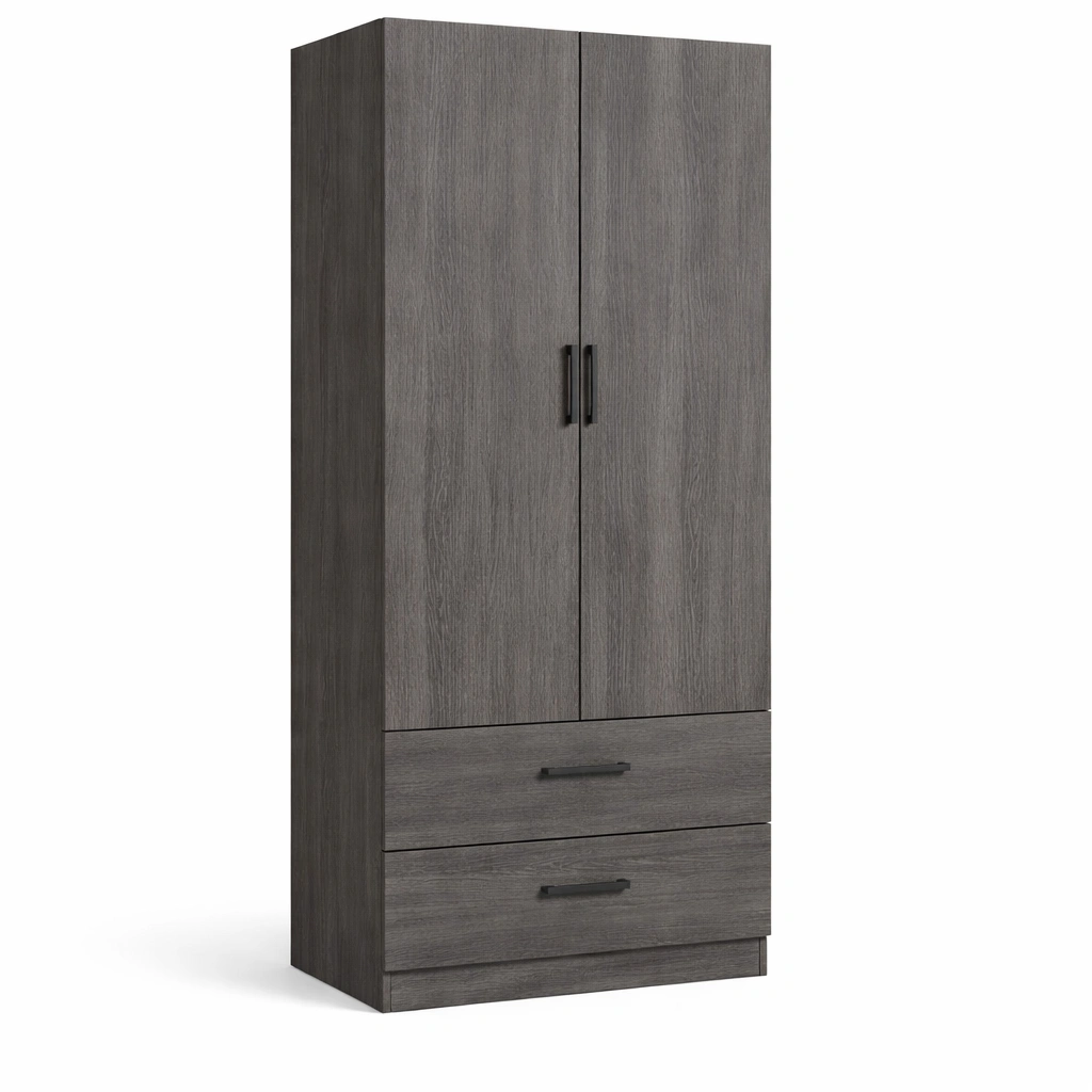 Armoire chambre bois gris portes tiroirs bas rangement-Norvoro