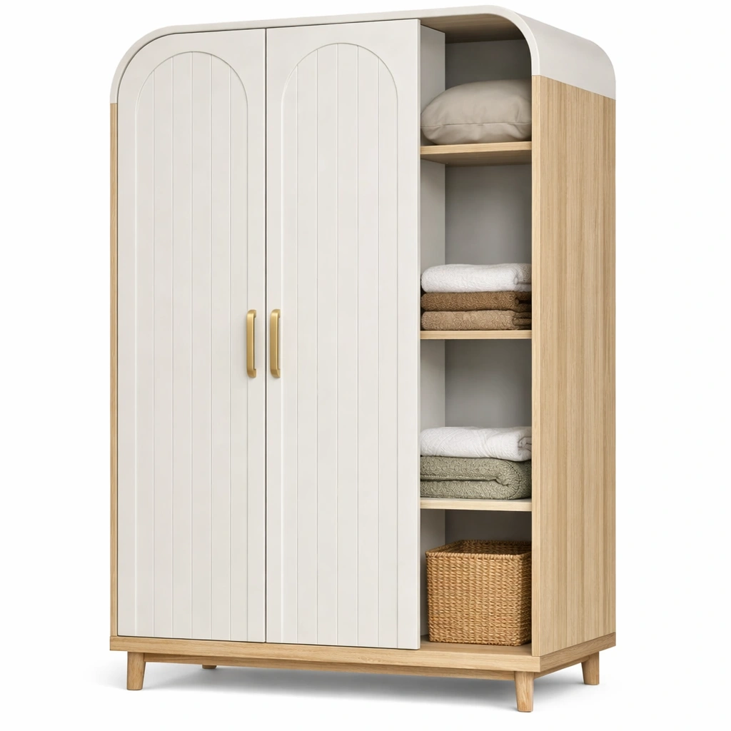 Armoire chambre bois blanc portes relief etageres-Norvoro