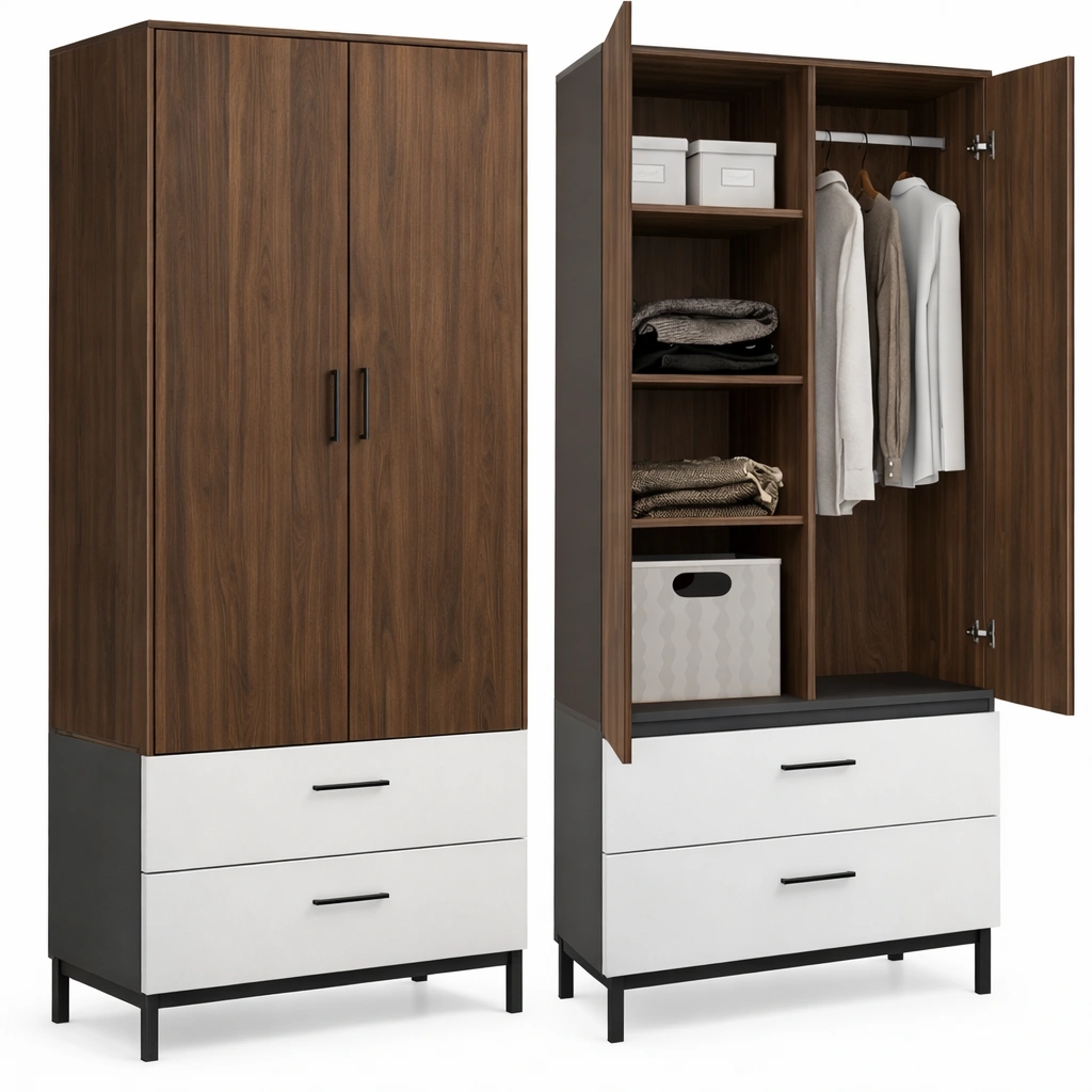 Armoire chambre bois marron tiroirs penderie rangement-Norvoro