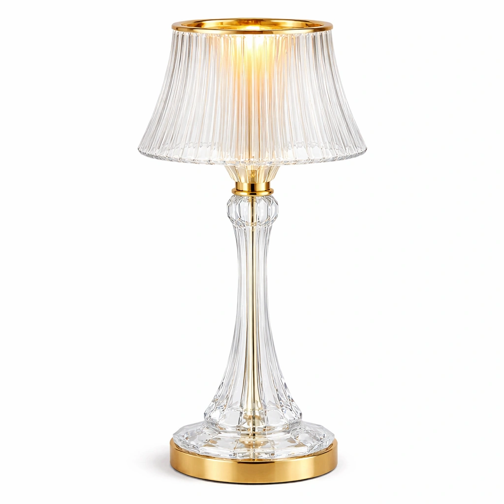 Lampe de table verre transparent et base doree-Lumvane
