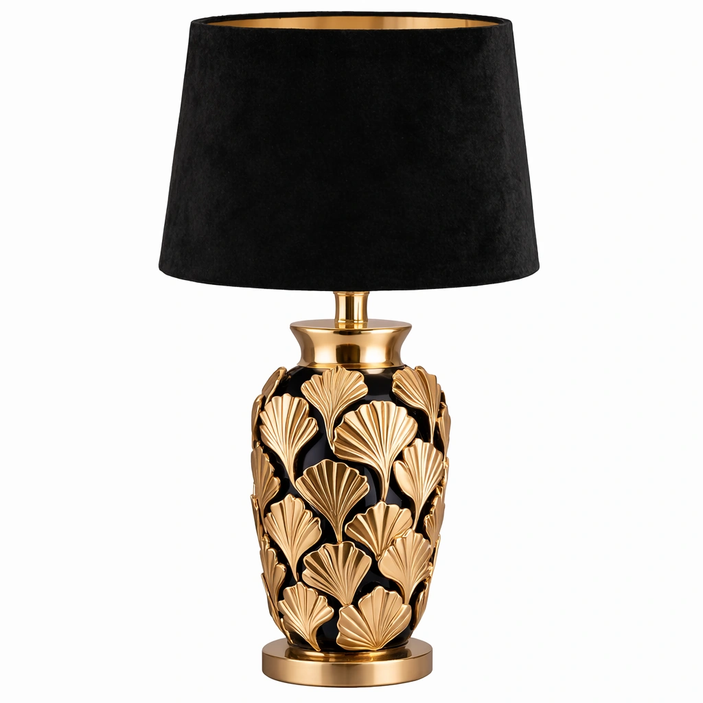 Lampe de table noire decor feuilles dorees-Lumvane