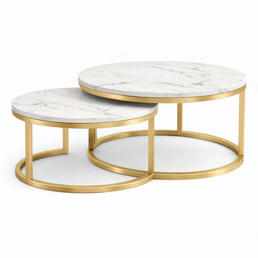 Table basse gigogne marbre blanc metal dore-Lumvane