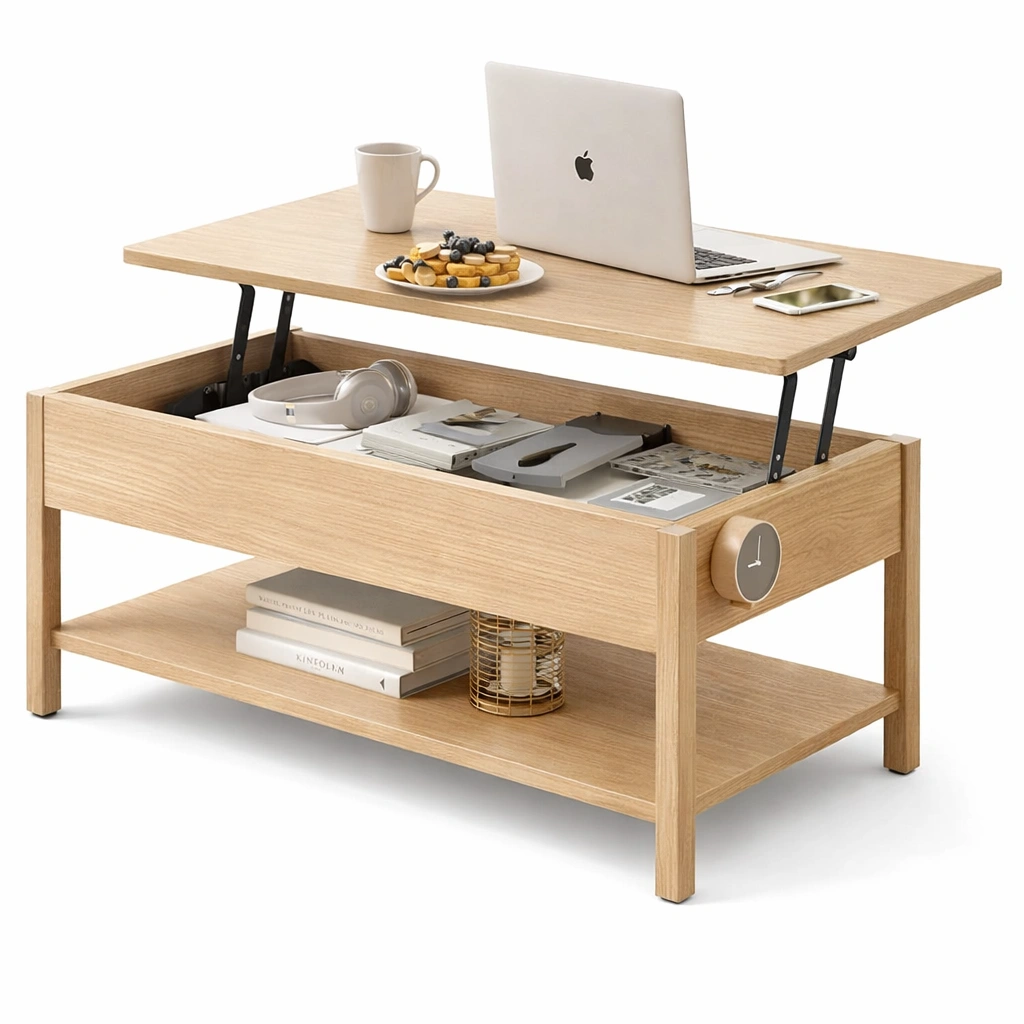 Table basse relevable bois clair rangement-Lumvane