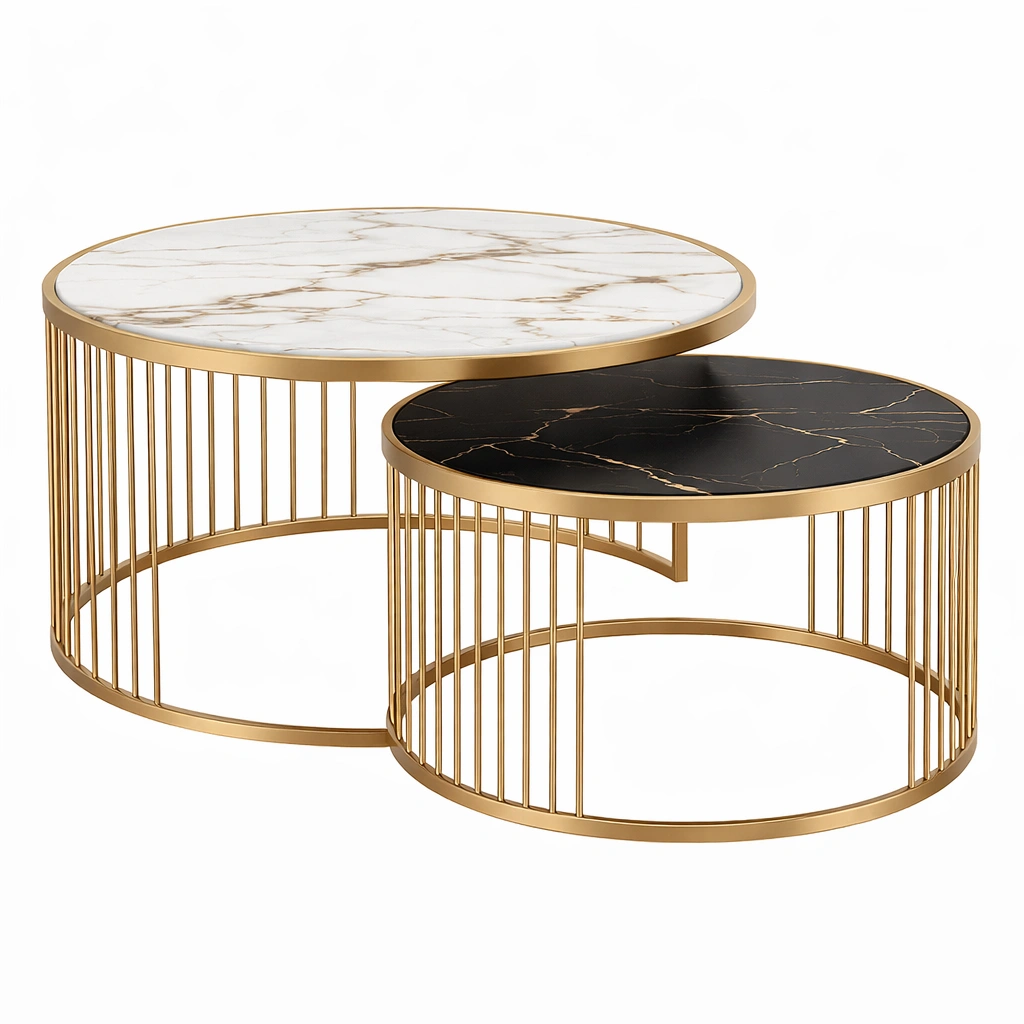 Tables basses gigognes marbre noir blanc metal dore-Lumvane