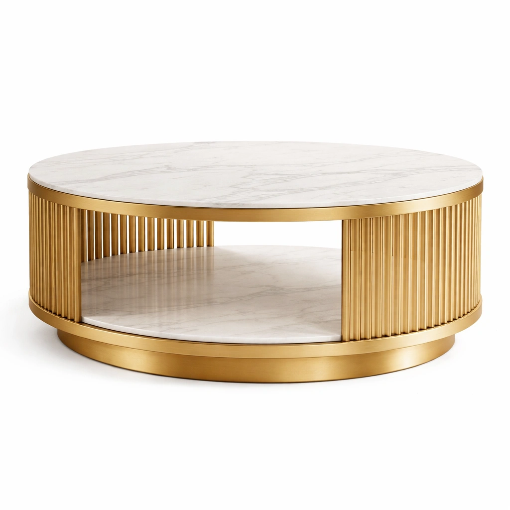 Table basse ronde marbre blanc structure metal dore-Lumvane